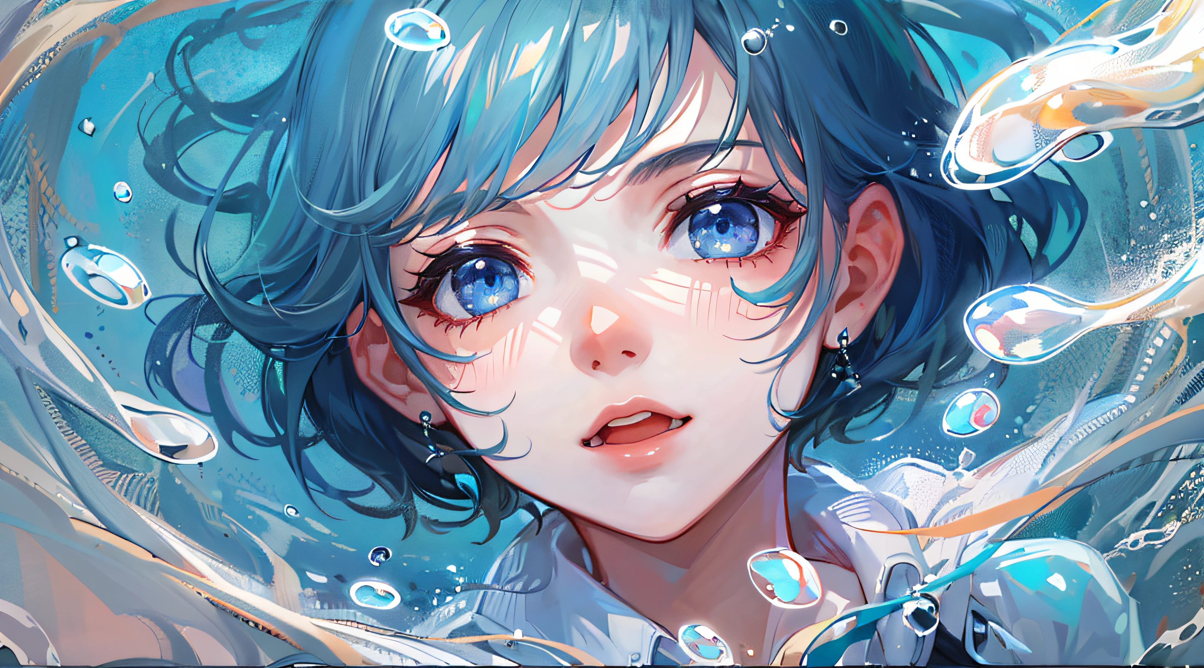 ((top-quality)), ((​masterpiece)), ((ultra-detailliert)), (extremely delicate and beautiful), girl with, 独奏, cold attitude,((Black jacket)),She is very(relax)with  the(Settled down)Looks,A dark-haired, depth of fields,evil smile,Bubble, under the water, Air bubble,bright light blue eyes,Inner color with light blue hair and dark blue tips,Cold background,Bob Hair - Linear Art, shortpants、knee high socks、White uniform like school uniform、Light blue ribbon ties、Clothes are sheer、Hands in pockets