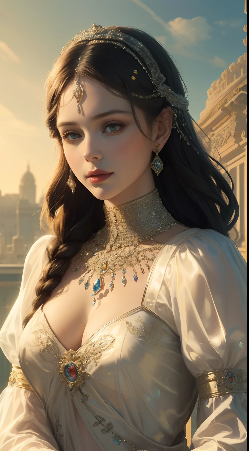 (Ultra-high quality masterpiece,A beautiful bust of a noble maiden,Classical braids,The eyes are shiny and clear,Floral craftsmanship,Crystal jewelry,Ultra-fine details,Soft lighting)
