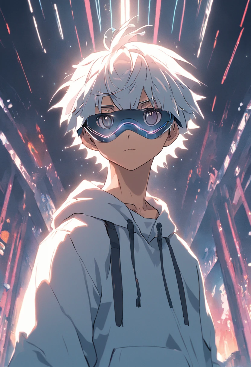 Gray-haired Japanese anime youth,Wearing VR glasses,, White hoodie, White shorts, No tattoos, No beard, old,Wearing white VR glasses