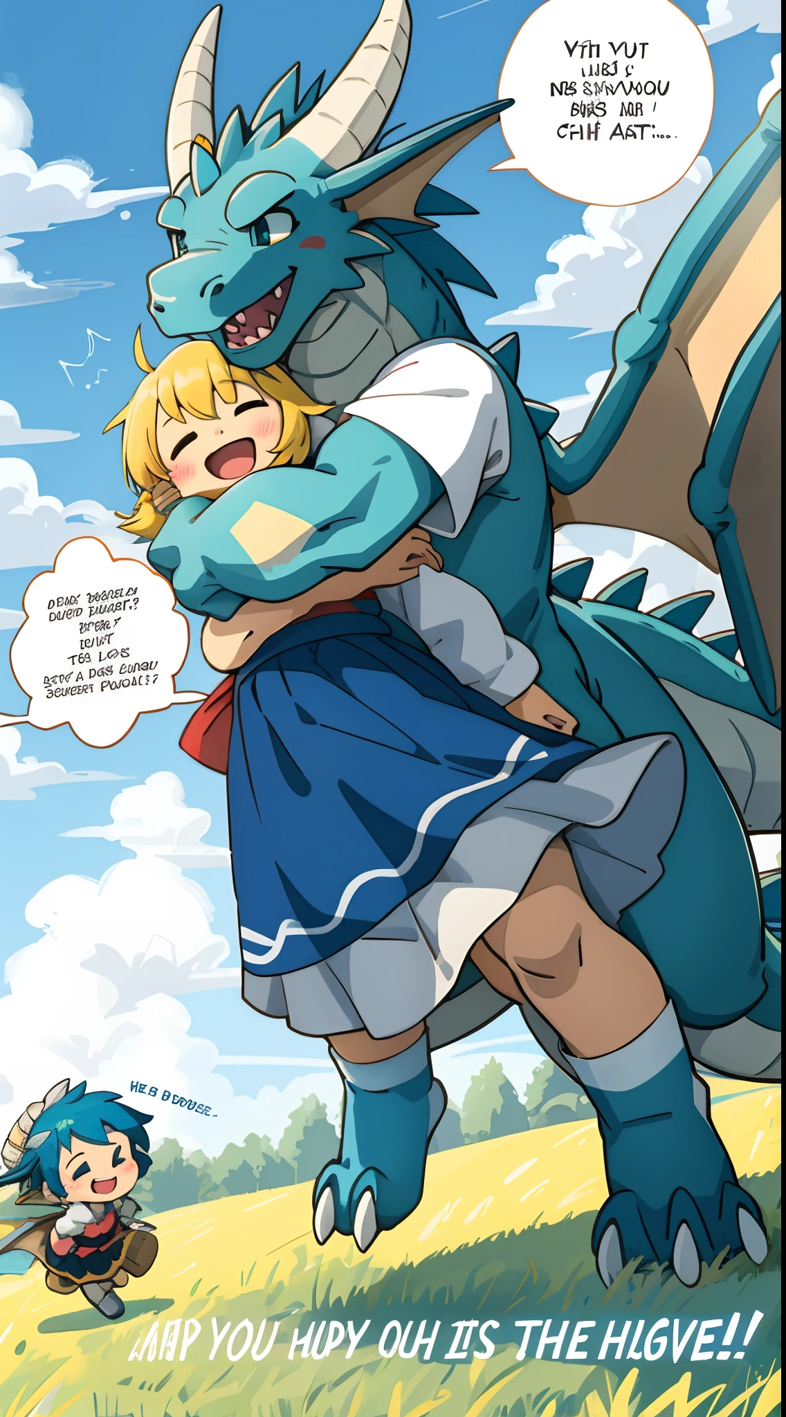 top quality, best quality, highres, masterpiece, super high resolution, detailed background, grass field, under refreshing blue sky, height difference, large Dragon, smile, hugs girl((movie of a Dragon and human girl))girl hugs dragon, dress skirt, smile, open mouth, happy, joyful absurdres(highly detailed beautiful face and eyes)perfect anatomy, good lighting, cinematic shadow, assorted expressions, assorted poses, assorted angles, full body, upper shot, dynamic angle(girls comic-like panel layouts, speech balloon, English text, Hand-drawn sound effects stickers used in girls comic),