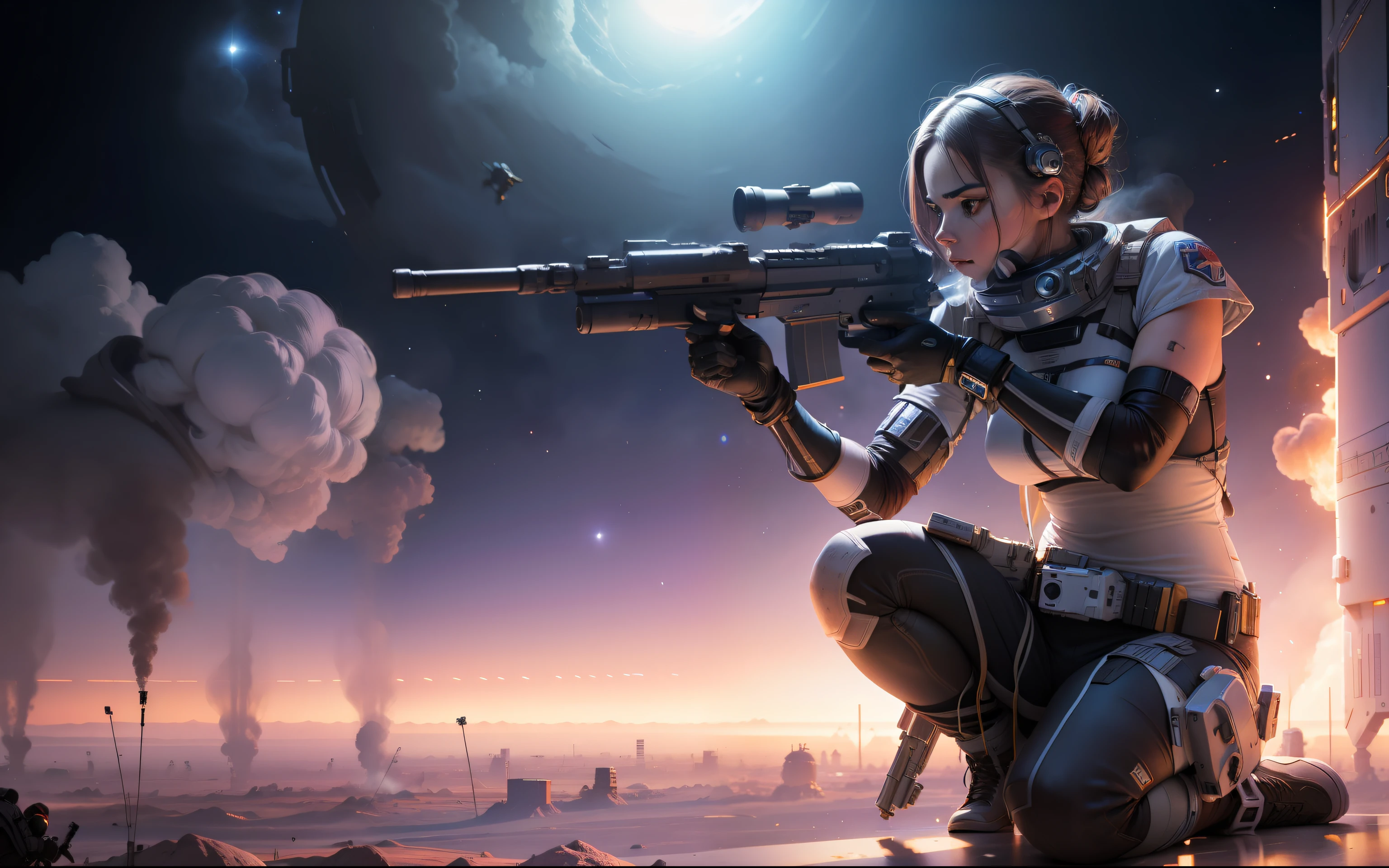 space girl with gun fighting wars, space battle war, fighting bad guys crouched down athletic shooting position, space station, smoke, gunfire, three armed enemy, two space suit bystanders, 64k resolution hyperdetailed, photorealistic, in the style of Robert Rodriguez
