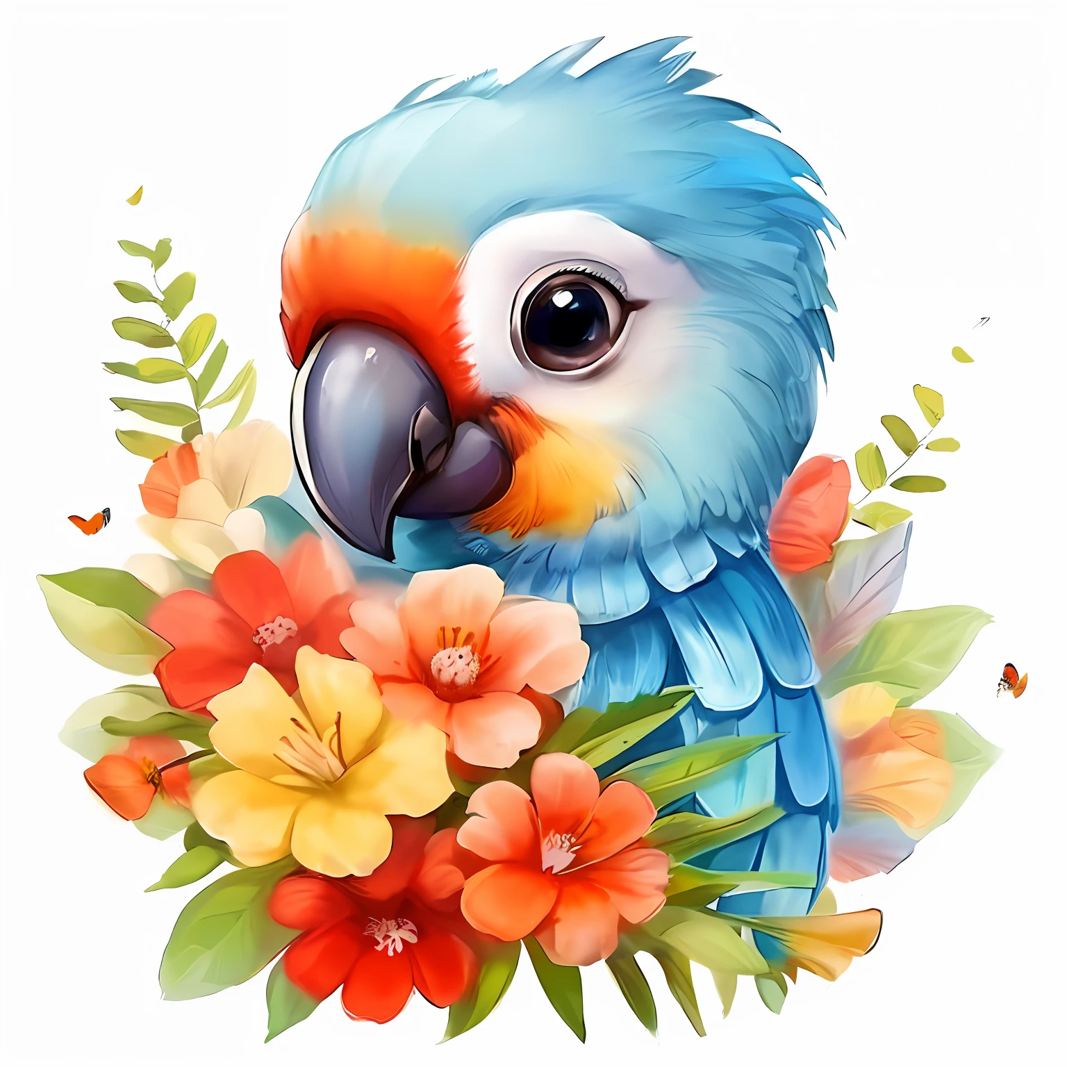 um close up de um papagaio com flores em um fundo branco, blue arara, papagaio, cute colorful adorable, Birb, arte digital bonito, ethereal macaw, arte digital detalhada bonito, com flores coloridas, mulher bonito, pet bird, paralelo, aves tropicais, Telegrama Sticker, animal bonito, aw, birdview, f 2 0, cute adorable