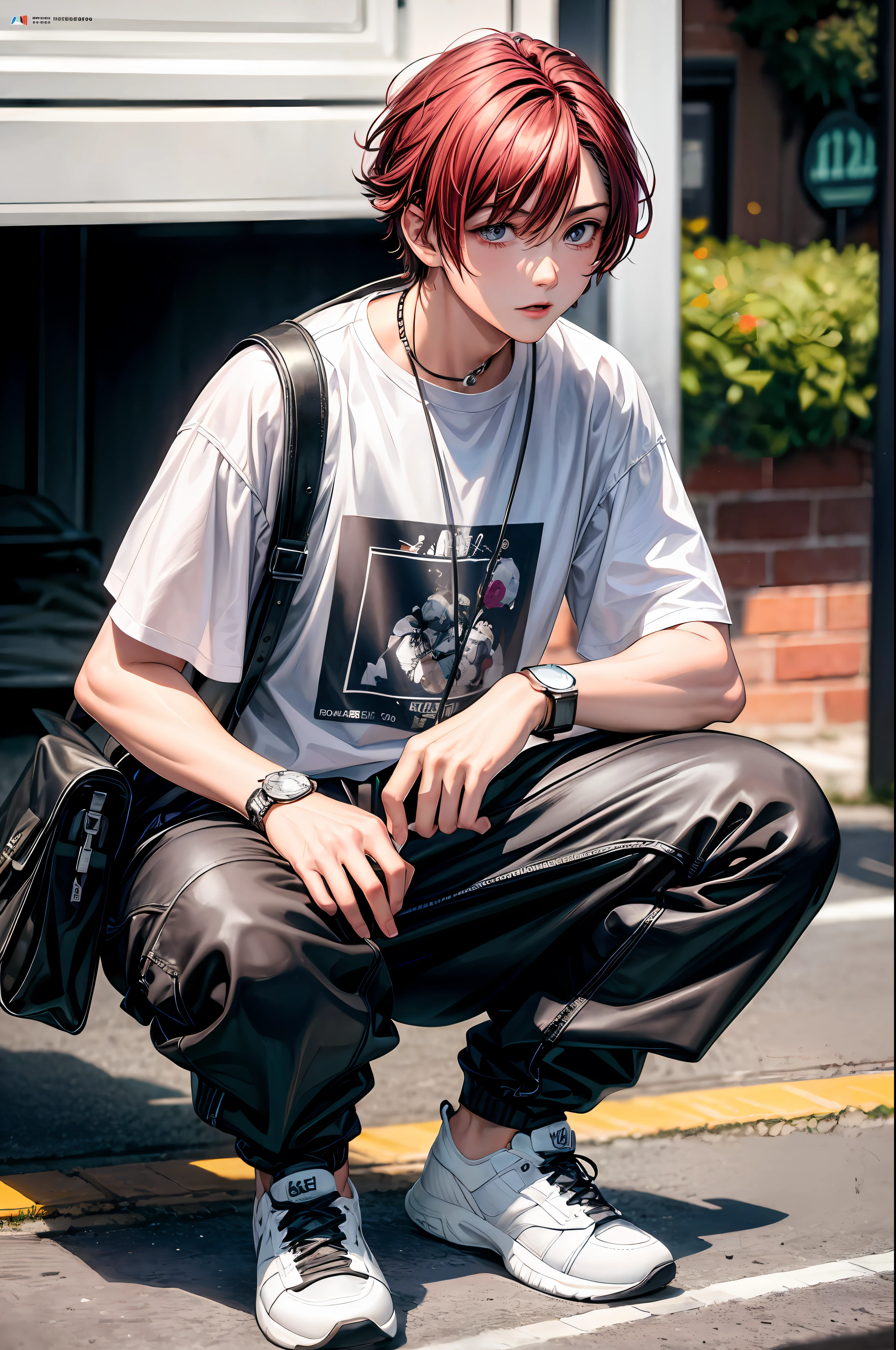 A masterpiece, best quality, official art, very detailed, image, 1 boy, trendy clothes, watch, sneakers, squat down, hands hanging naturally, colored hair