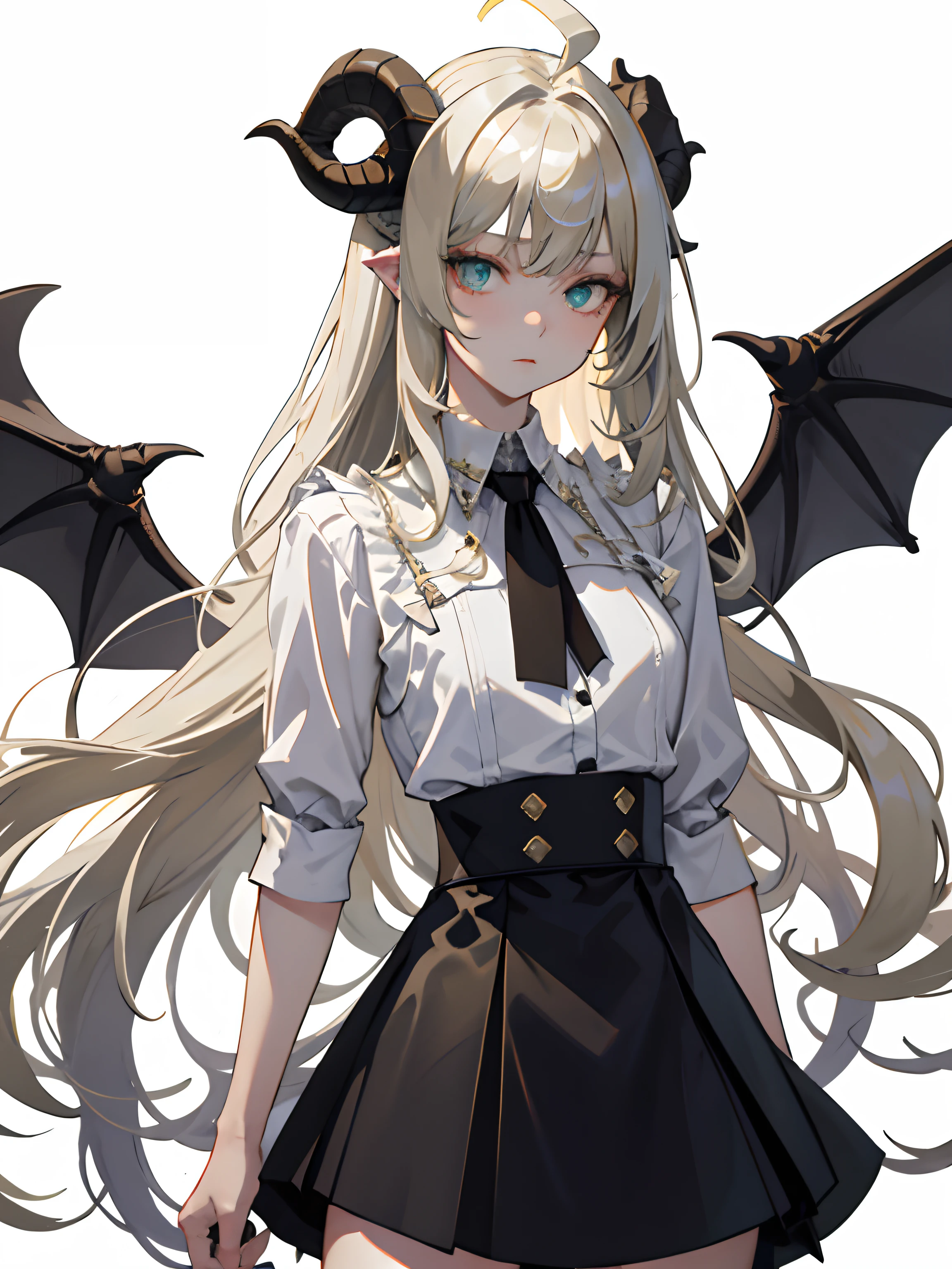 ((masterpiece, best quality)), (1girl), (solo), (female focus), (ahoge, ash blonde hair, long hair), green eyes, ((white shirt), (buttoned shirt)), ((black skirt), (short skirt)), standing, white background, arms behind back, bat wings on the waist, sheep horns, sad eyes, cold facial expression, cold look, pale skin, colour grading, dark illustration, extreme quality, radiant, extremely detailed, ultra-detailed face, ultra hd 8k, ultra digitality, mythical, dark lightning, sleepy eyes, detailed hands