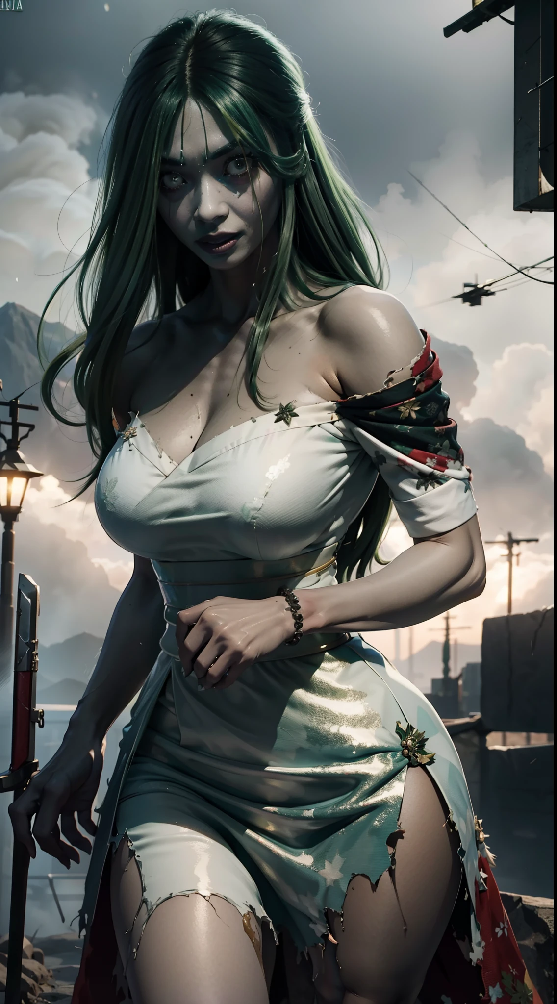 alta resolução, obra-prima, melhor qualidade, 1girl, green hair, militar, Hisako, white dress, ao fundo cidade cyberpunk a noite, pele finamente detalhada, seios enormes, pernas muito musculosa