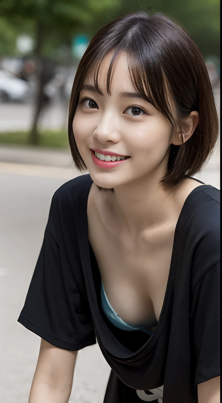 masterpiece, Best quality, Raw photorealism, Smile, big smile, happy face, Beautiful girl, Cute, Short hair, small breasts, depth of field, High resolution, Ultra detail, Very detailed eyes and face, Sharp pupils, Realistic pupils, Sharp focus, Movie lighting