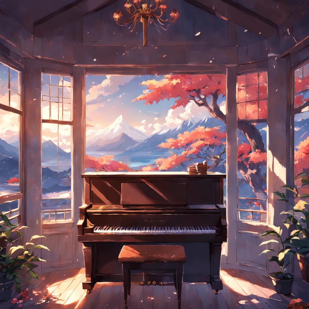 piano, flowers, window and mountains landscape