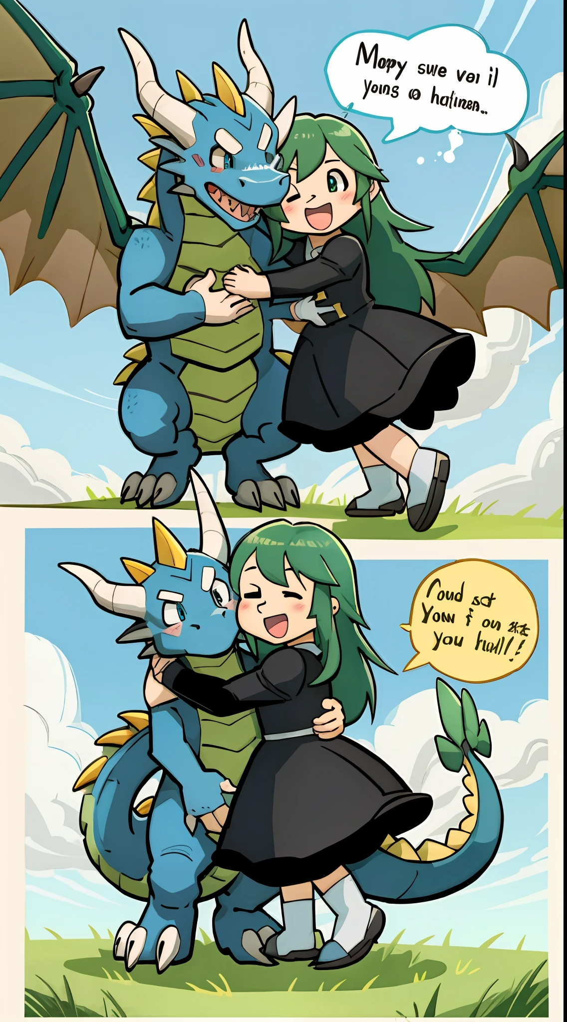 top quality, best quality, highres, masterpiece, super high resolution, detailed background, grass field, under refreshing blue sky, height difference, large Dragon, smile, hugs girl((movie of a Dragon and human child girl))girl hugs dragon, dress skirt, smile, open mouth, happy, joyful absurdres(highly detailed beautiful face and eyes)perfect anatomy, good lighting, cinematic shadow, assorted expressions, assorted poses, assorted angles, full body, upper shot, dynamic angle(girls comic-like panel layouts, speech balloon, English text, Hand-drawn sound effects stickers used in girls comic),