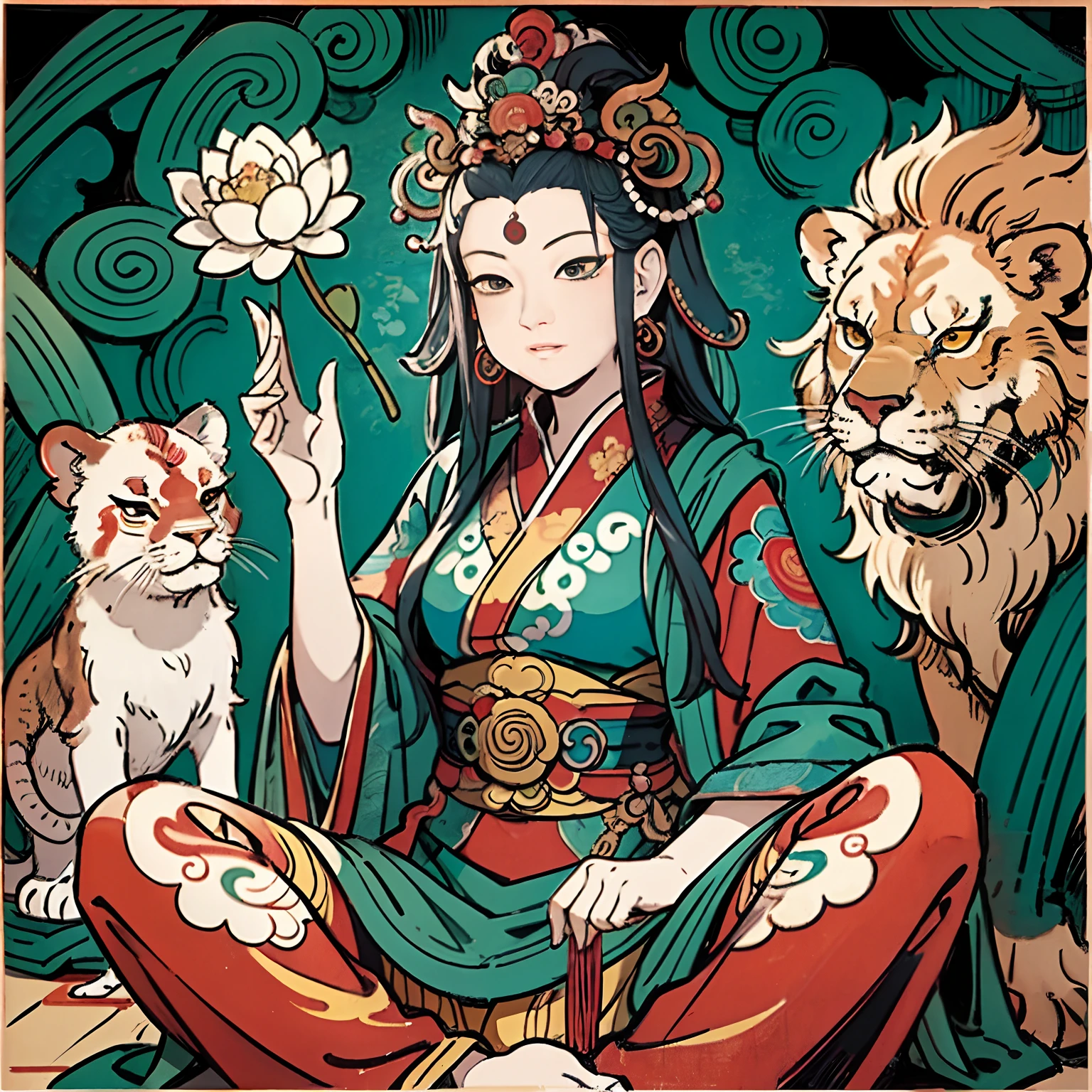 an ancient Chinese goddess, guanyin of the southern seas, Guanyin, Inspired by India, Avalokiteshvara rides a lion，,Serene expression,shui mo hua,Buddha,Buddhist,Lotus,Chinese painting style,Thangka style