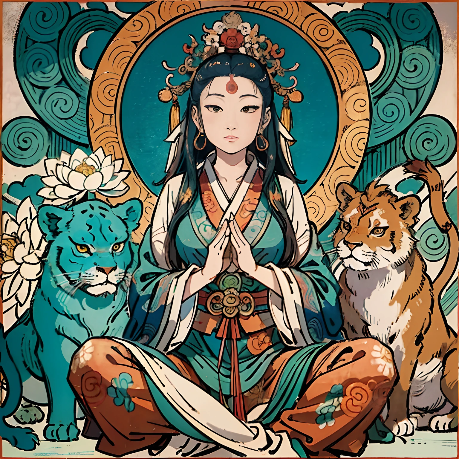 an ancient Chinese goddess, guanyin of the southern seas, Guanyin, Inspired by India, Avalokiteshvara rides a lion,,Serene expression,shui mo hua,Buddha,Buddhist,Lotus,Chinese painting style,Thangka style