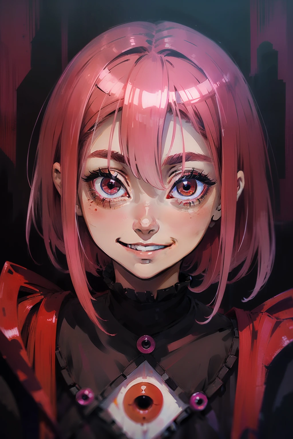 masterpiece, best quality, (crazy eyes:1.3), (crazy smile:1.4), (shaded face:1.1), mature female, dark, dark background, yandere, yandere trance, empty eyes, red eyes, half-closed eyes, wide-eyed, oil painting \(medium\), (watercolor \(medium\):0.8), film grain, pink hair, short hair,