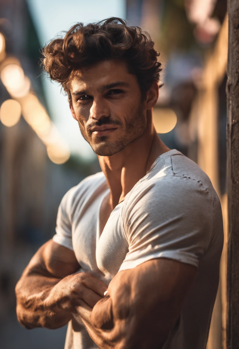 Create an image of an extremely sexy man standing shirtless. He is 6'2" with a muscular physique, broad shoulders, and defined abs. His skin is a warm bronze, glistening slightly as if kissed by sunlight. His chest is sculpted with prominent pectorals and a light trail of dark hair leading down to his neatly groomed navel. His arms are powerful and veined, showcasing strength. He has a strong jawline covered in light stubble, and slightly full lips that curve into a confident smirk. His deep-set green eyes are captivating and alluring. His dark, tousled hair falls just above his forehead, and he stands in a confident pose, exuding charisma and charm.