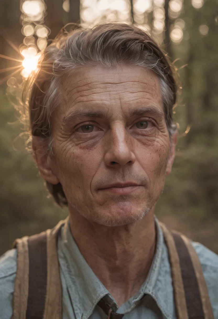 Romanticism style realistic portrait, close-up american tourist with paranormal devices on his body, cool dry vintage colors, hd, UHD, intricate details, sunset, amazon jungle, dry trees, puddles of water reflecting sunbeam, Photoshop_corretions_details, greg rutkowski, cinematic shading , low_key, award-winning art, best quality