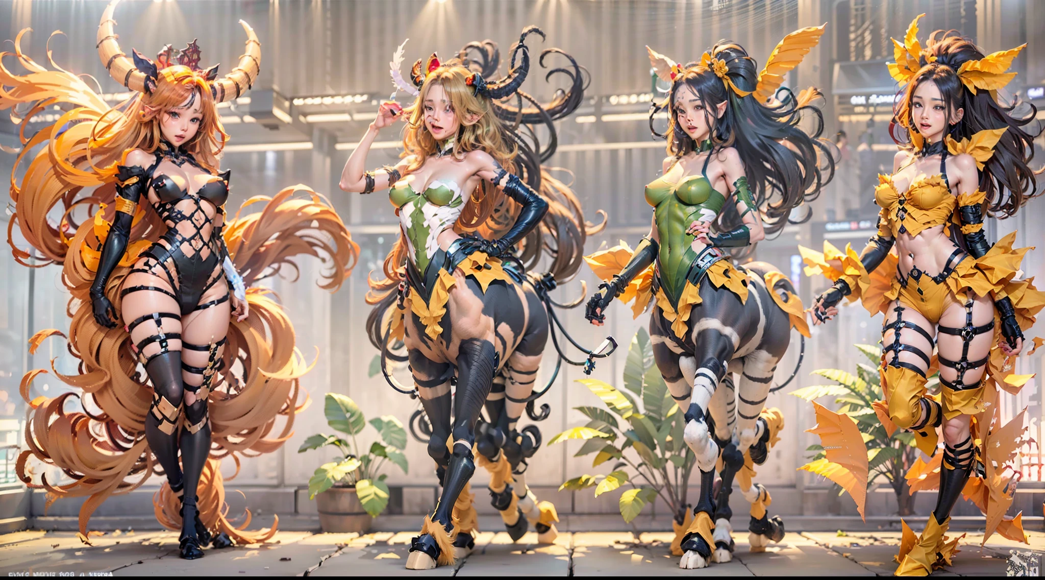 In the beautiful illustration of this super-grand scene,The ultra-long-range lens is shown(Eight unique centaur characters:9.9),They all have their own characteristics,Vivid and interesting。Radiant angelic centaurs from the heavenly realm,To the hellish centaurs surrounded by nightmarish flames,And then to the Wind Immortal Centaur dancing in the air,There are also one-horned centaurs surrounded by thunder and lightning,and mechanical centaurs that shine with metallic light,And then to the powerful dragon centaur with colored dragon scales covering the whole body,The elegant and agile elf centaur always wears a flower crown with its slender and graceful lines,Enchanting and charming Tiflin centaurs。Each character has their own unique charms and abilities。The illustration uses advanced artistic techniques and tools,(Divide the scene into sections by geometric arrangement:9.9),Each section corresponds to a centaur character,This makes more efficient use of space。Through Midjourney's advanced brush tools、Color palette、Material packs and model packs,Exquisite costumes and equipment are designed for each centaur,Enhances the character's personality and visual appeal。The scenery in the illustrations is stunning,There are changing skies、rainbowing、extreme light、Stars and Moon。Incorporating iconic landmarks such as Mount Everest,and fireworks、tranquil lake、Natural and urban elements of waves and neon lights,Creates a magical atmosphere。The centaurs showed off their skills and equipment in a variety of environments,This is true even in extreme alien landscapes。(Use Midjourney's tools、Material packs、Texture tools、The color palette makes depicting details vivid and realistic:9.9),From complex hairstyles and as well as different postures、Form factor、Clothing to real textures,This greatly enhances the realism of the characters and surroundings。The fusion of multiple art styles adds movement to the centaur's movement at all angles,The overall visual experience is further enriched