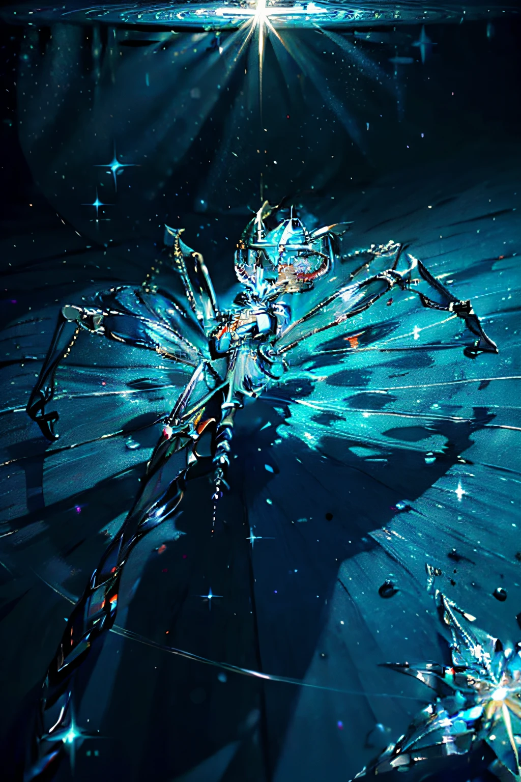 Imagine uma aranha monstruosa feita inteiramente de diamantes brilhantes, com um cristalino, Translucent body that captures and reflects light in a dazzling way. Seu longo, Sharp legs are precisely cut and polished to shine like beams of prismatic light. Seus olhos, incrustados com diamantes raros e reluzentes, irradiam um brilho intenso e hipnotizante. Como a aranha se move, Each step leaves a bright trail of diamond sparks, Creating a majestic and dazzling presence