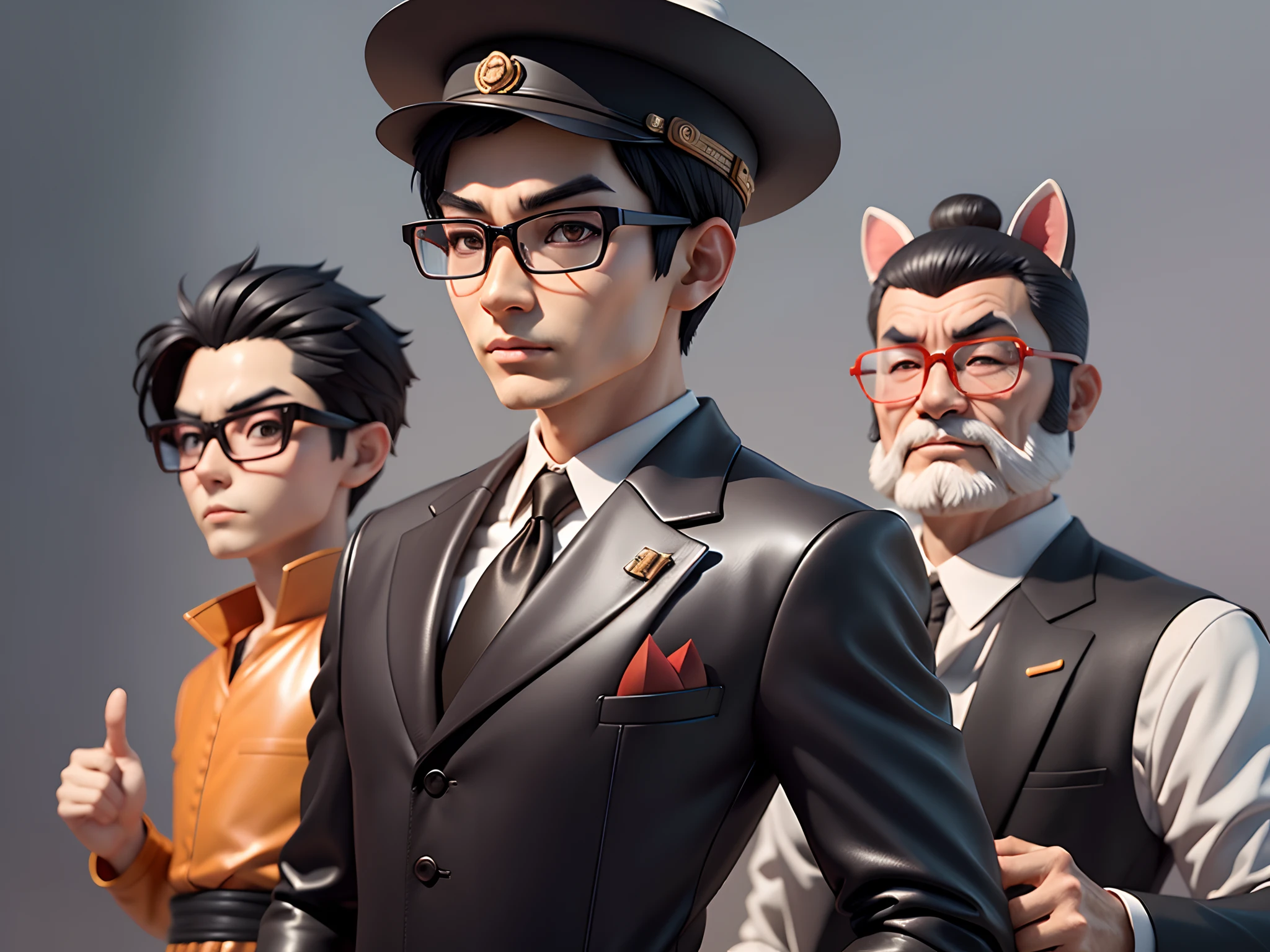 Young man with oriental face in leather hat, tiger, oriental face in formal suit, short black hair, silver glasses, digital painting, 3D character design by Mark Clairedon and Pixar and Hayao Miyazaki and Akira Toriyama, the illustration is a high-definition illustration in 4K resolution with very detailed facial features and cartoon-style visuals.