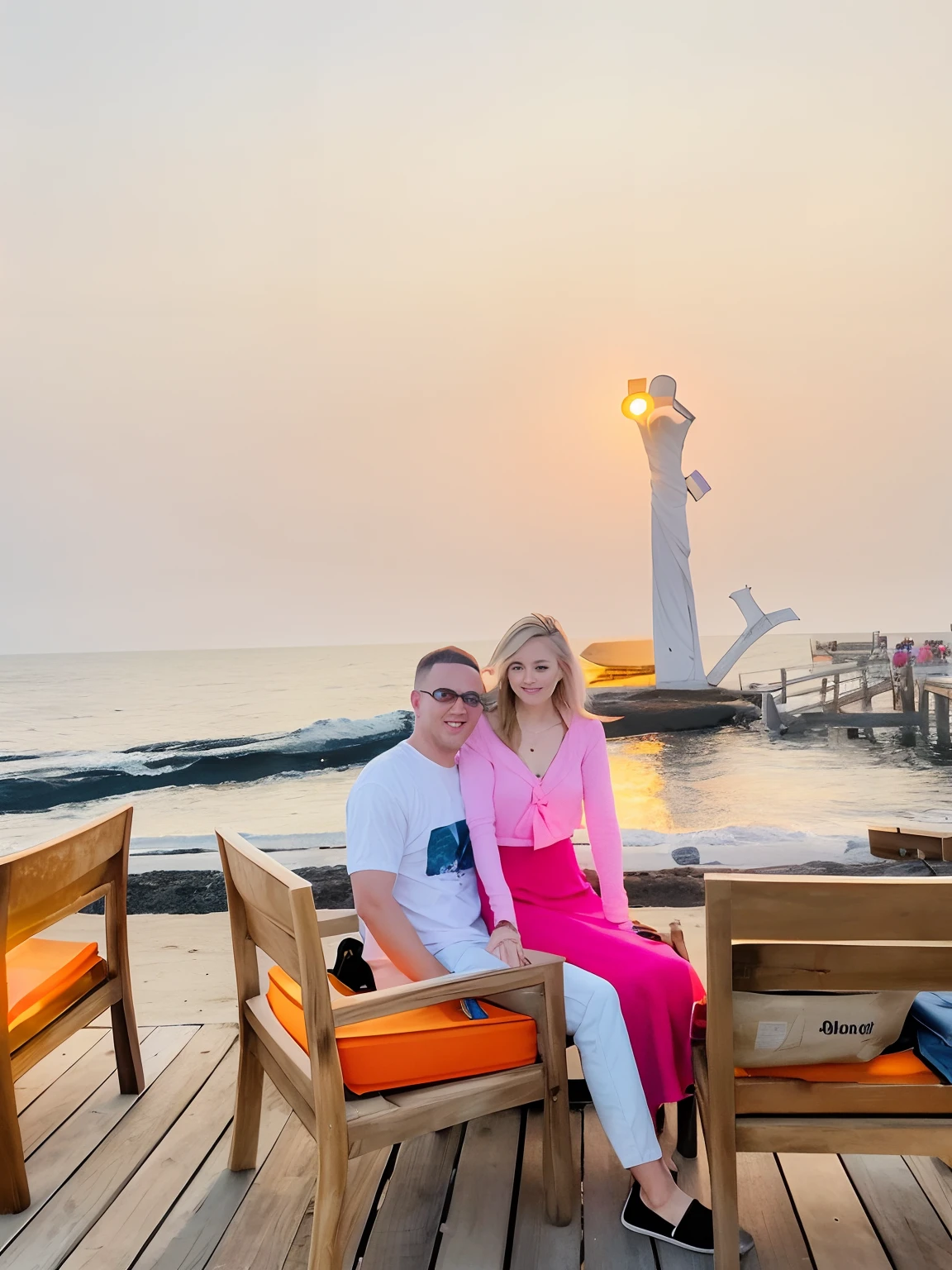 there are two people sitting on a bench on the beach, with sunset, during sunset, with a sunset, at a beautiful sunset, at beach at sunset, lovely couple, at the sunset, near a jetty, shot on nikon z9, at purple sunset, the ocean in the background, at sunrise, romantic couple, sunset!!!, taken at golden hour