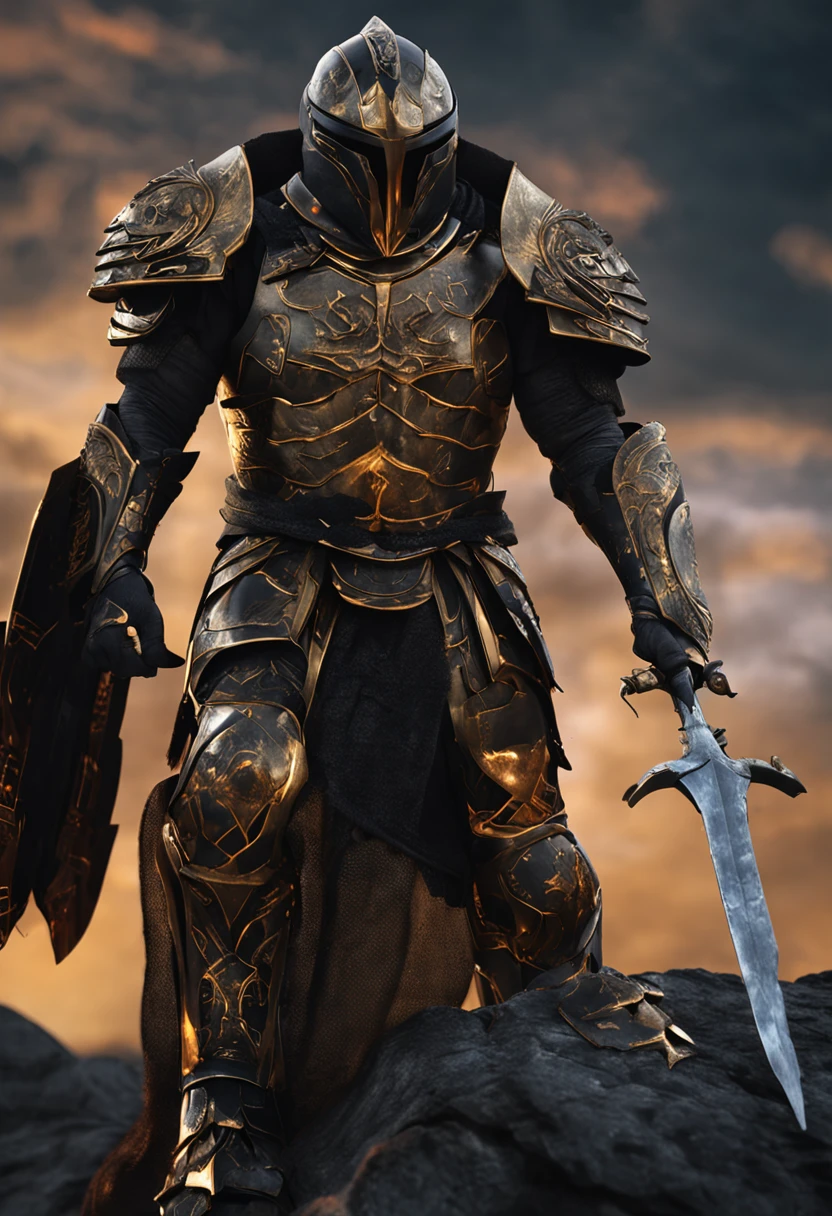 spartan warrior, fighting , stunning armor, black gold armor, epic, 8k