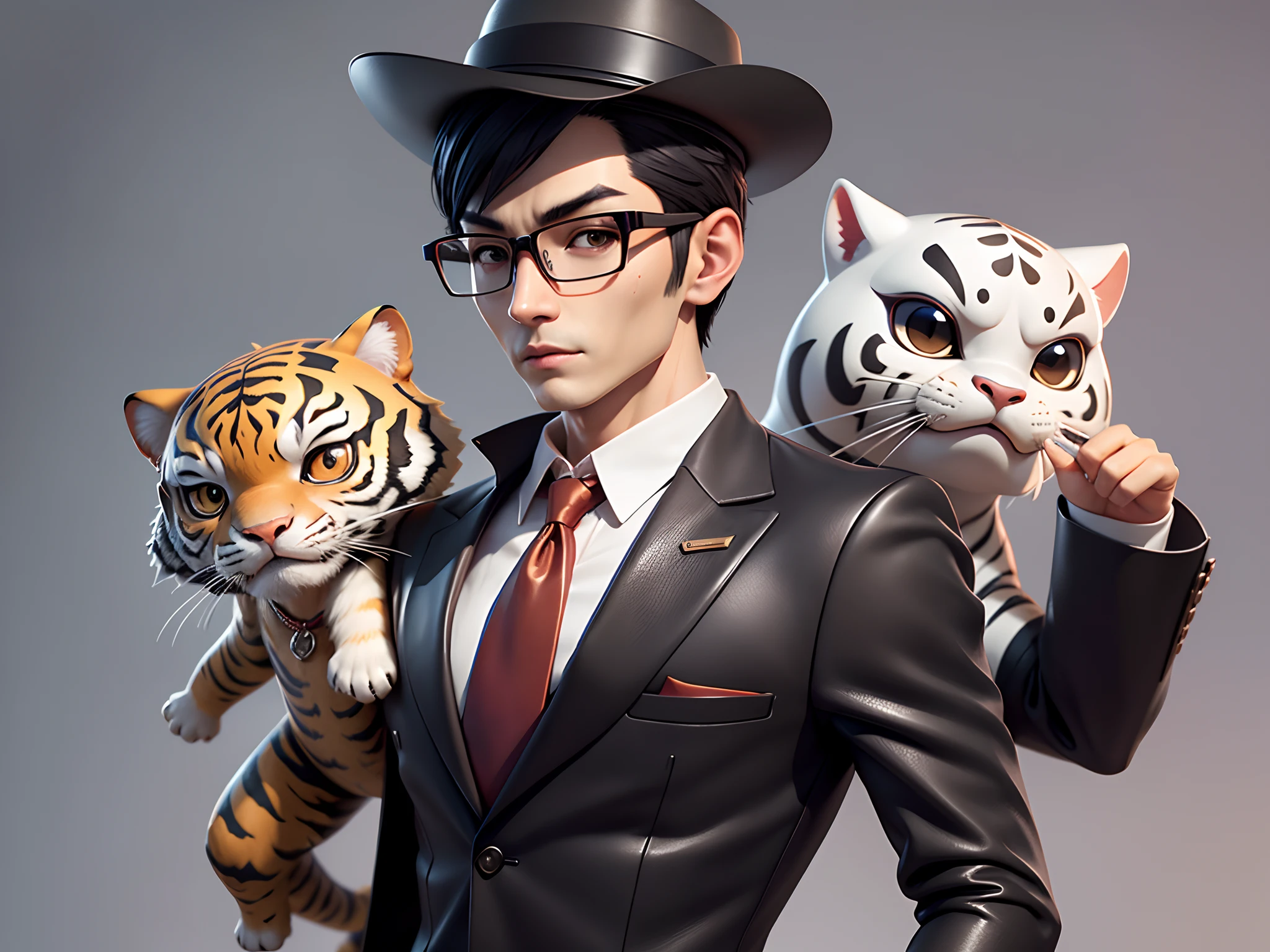 Young man with oriental face in leather hat, tiger, oriental face in formal suit, short black hair, silver glasses, digital painting, 3D character design by Mark Clairedon and Pixar and Hayao Miyazaki and Akira Toriyama, the illustration is a high-definition illustration in 4K resolution with very detailed facial features and cartoon-style visuals.