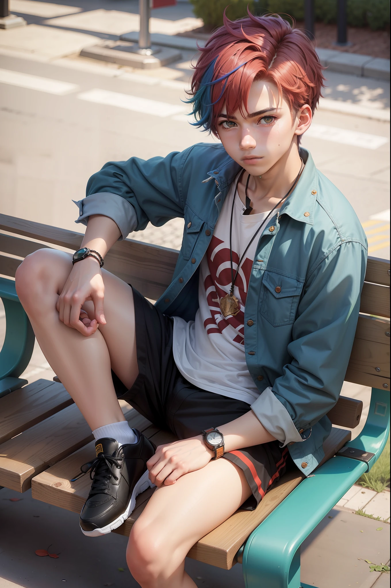 Teenage boy, colorful hair, handsome, detailed, high quality professional photo, street clothes, sitting on park bench, wearing shorts