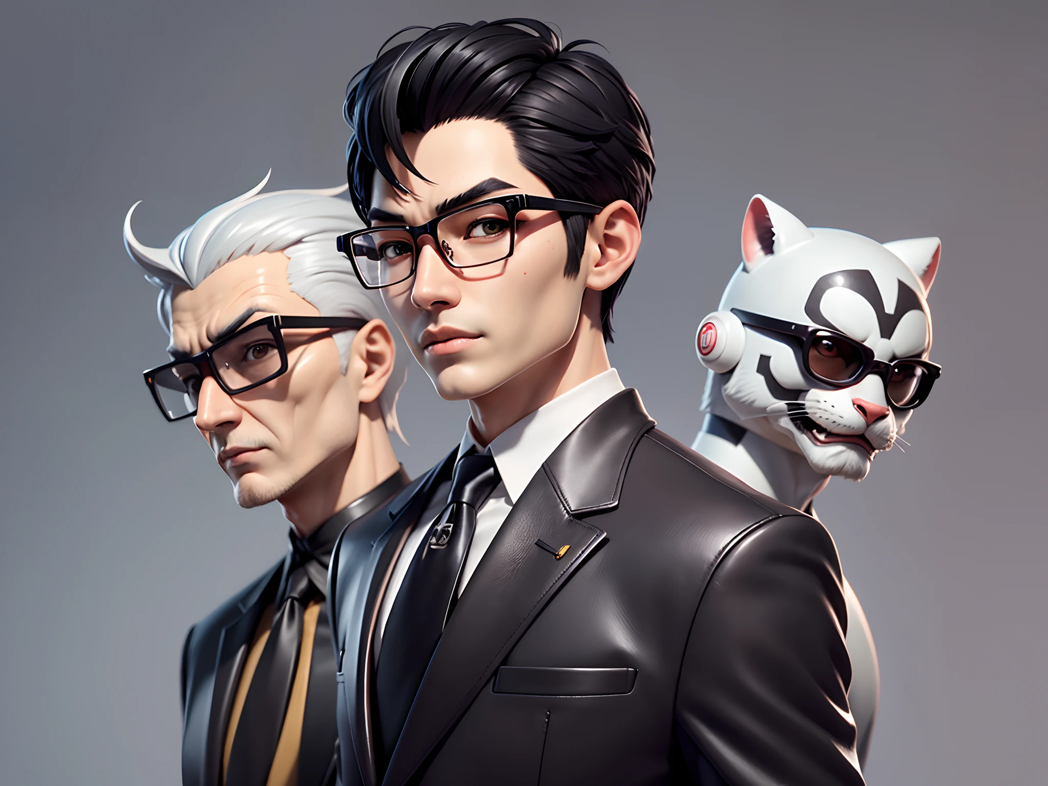 Young man with oriental face in leather hat, tiger, oriental face in formal suit, short black hair, silver glasses, digital painting, 3D character design by Mark Clairedon and Pixar and Hayao Miyazaki and Akira Toriyama, the illustration is a high-definition illustration in 4K resolution with very detailed facial features and cartoon-style visuals.