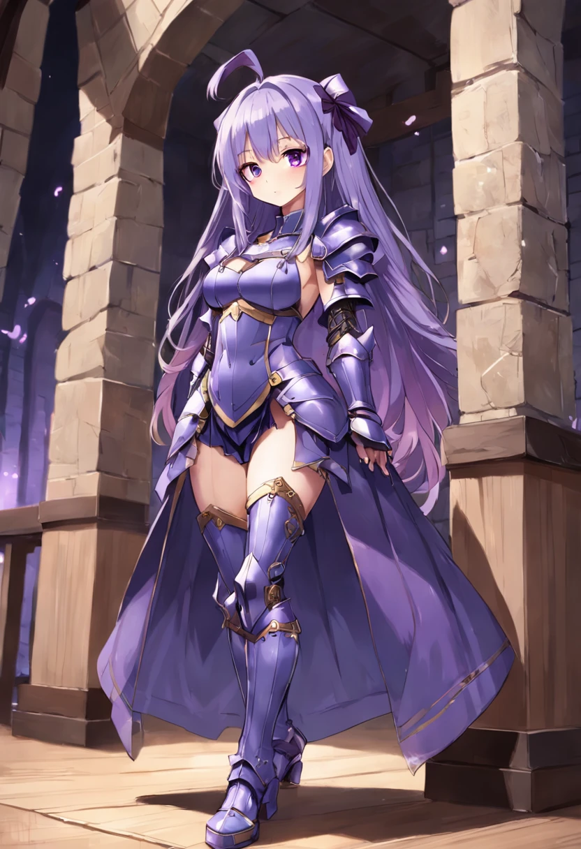 1girll, Armor, Armored_Boots, Armored_dress, Boots, Breasts, cleavage, dress, full_Body, Hair_bow, Long_Hair, Looking_at_peeping at the viewer, mediating_Breasts, pauldrons, purple_Eyes, purple_Hair, Shoulder_Armor, Smile, Solo, standing, Very_Long_Hair, Wooden_floor