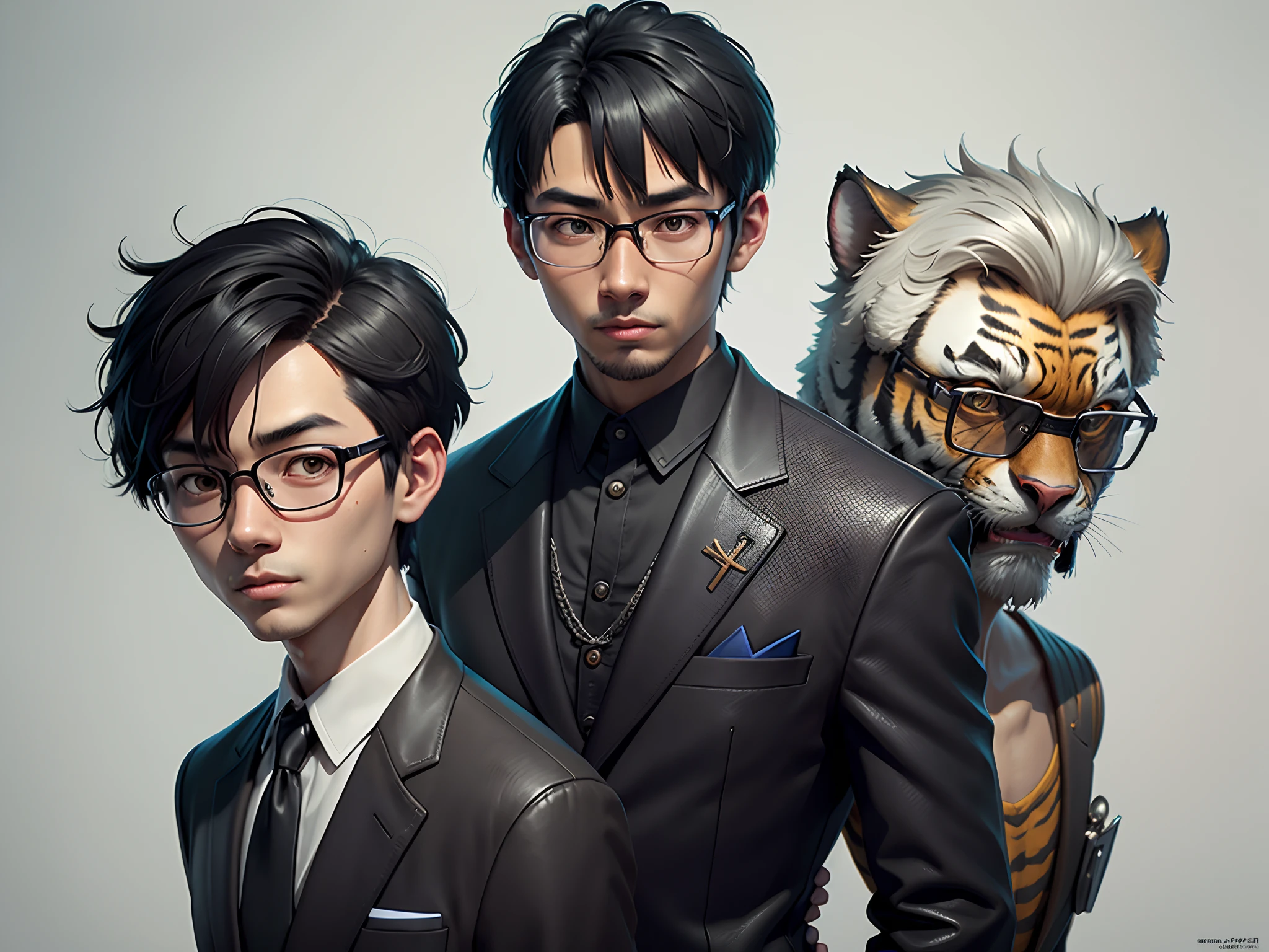 Young man with oriental face in leather hat, tiger, oriental face in formal suit, short black hair, silver glasses, digital painting, 3D character design by Mark Clairedon and Pixar and Hayao Miyazaki and Akira Toriyama, the illustration is a high-definition illustration in 4K resolution with very detailed facial features and cartoon-style visuals.
