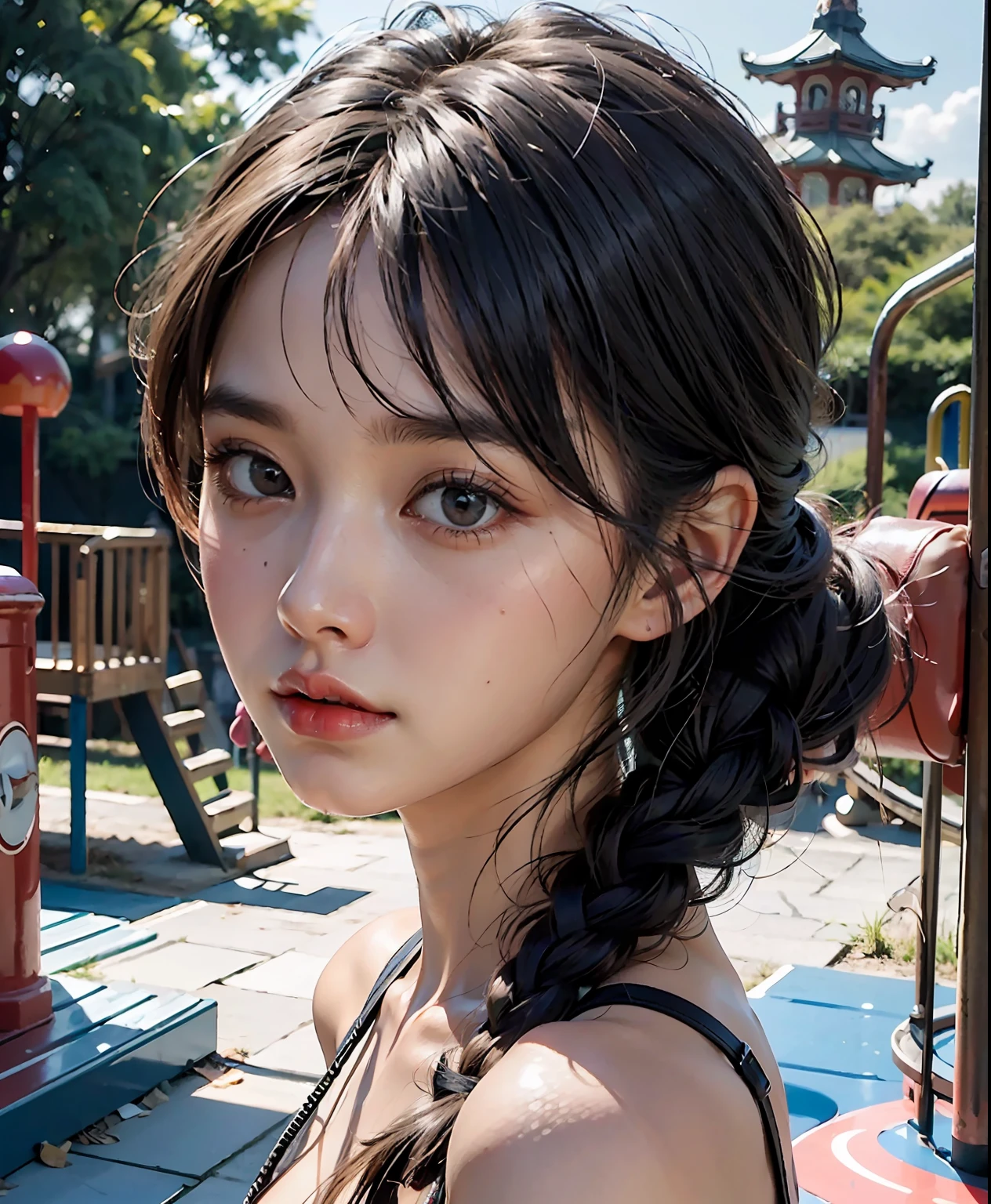 Best Quality, Masterpiece, Ultra High Resolution, (Realisticity: 1.9), Original Photo, 1Girl, Bare Shoulder, Close Up, Asian, Outdoor, Playground, Movie Lighting