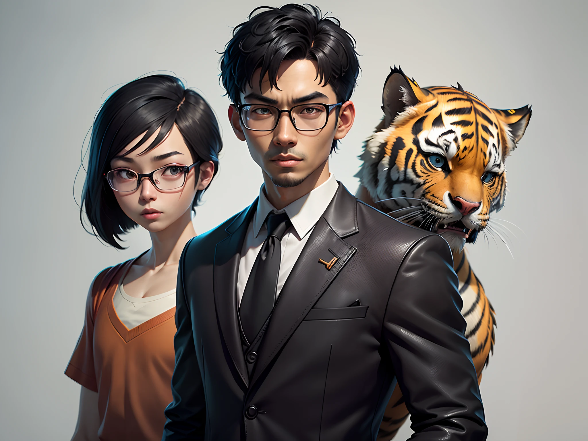 Young man with oriental face in leather hat, tiger, oriental face in formal suit, short black hair, silver glasses, digital painting, 3D character design by Mark Clairedon and Pixar and Hayao Miyazaki and Akira Toriyama, the illustration is a high-definition illustration in 4K resolution with very detailed facial features and cartoon-style visuals.