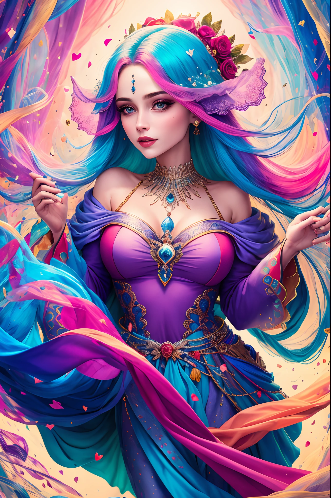 "Conjuring the image of the Mystique of Love: uma mulher com um manto cintilante de tons suaves, de rosto e cabelo na cor rosa longo, mystical robes , gaurdia do amor, com fundo liso na cor branco, imagem apenas de rosto,contains ancestral secrets about the power of love."