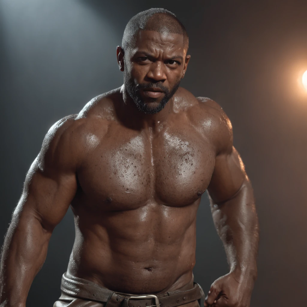 (Professional 3D rendering:1.3) de (Realistic:1.3) foto de arte mais bonita do mundo,soft features, brilliant male heroes, ((Epic hero rough fantasy muscular black man wet hero angry look short hair sawn beard and fierce expression in dynamic pose, fantastic location, majestoso ambiente desordenado)), corpo inteiro 8k unidade render, action shot, poros da pele, very dark lighting, sombreamento pesado, circunstanciado, rosto detalhado, (Vibrando, Fotografia realista, Realistic, Dramatic, Escuro, foco nítido, 8k), (Roupas de couro velhas danificadas pelo mau tempo:1.4), ((((Use peles)))), (intrincado:1.4), decadente, (altamente detalhado:1.4), Pintura digital, rendering by octane, art stations, conceito-arte, liso, foco nítido, illustration, germe da arte, (Loish:0.23), Wlop Ilya Kuvshinov, e greg rutkowski e alphonse mucha gracias, (global ilumination, studiolight, light volumetric), chuva forte, floating particles, patife, fantasia, Nosso, Corpo inteiroesbiano, ((Fundo escuro e antigo da cidade:1.3)),CGSesociedade,art stations