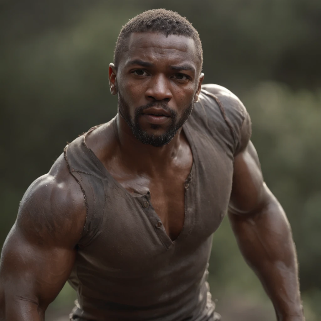 (Professional 3D rendering:1.3) de (Realistic:1.3) foto de arte mais bonita do mundo，soft features, brilliant male heroes, ((Epic hero rough fantasy muscular black man wet hero angry look short hair sawn beard and fierce expression in dynamic pose, fantastic location, majestoso ambiente desordenado)), corpo inteiro 8k unidade render, action shot, poros da pele, very dark lighting, sombreamento pesado, circunstanciado, rosto detalhado, (Vibrando, Fotografia realista, Realistic, Dramatic, Escuro, foco nítido, 8k), (Roupas de couro velhas danificadas pelo mau tempo:1.4), ((((Use peles)))), (intrincado:1.4), decadente, (altamente detalhado:1.4), Pintura digital, rendering by octane, art stations, conceito-arte, liso, foco nítido, illustration, germe da arte, (Loish:0.23), Wlop Ilya Kuvshinov, e greg rutkowski e alphonse mucha gracias, (global ilumination, studiolight, light volumetric), chuva forte, floating particles, patife, fantasia, Nosso, Corpo inteiroesbiano, ((Fundo escuro e antigo da cidade:1.3)),CGSesociedade,art stations