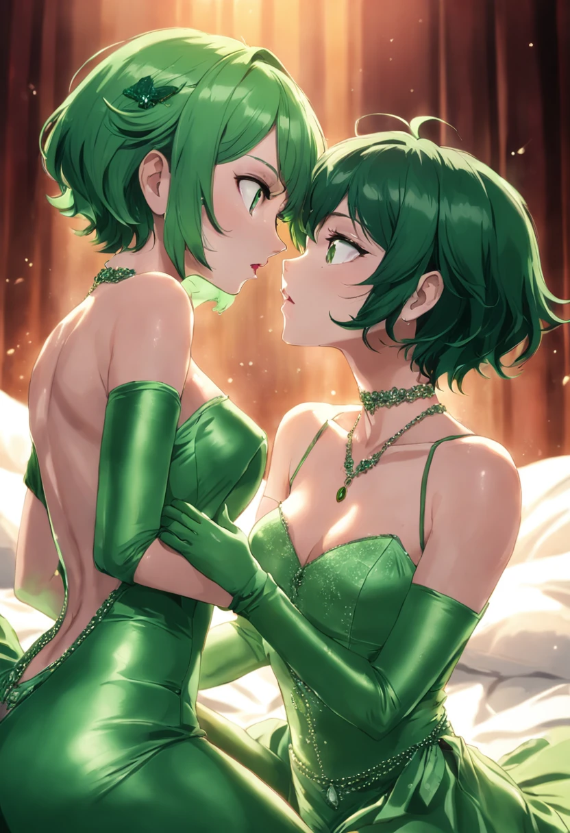 Sexy lesbian couple make, Passionate, sitting on a bed, making love, Kiss neck, Green Satin Long Gloves, Green Wedding Dresses, Green shorthair, lipsticks, the kiss, bride, Green Pearl Necklace, Green Bride, lesbian