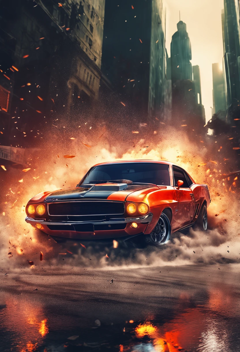 a painting of a boss muscle car, (masterpiece, best quality), particle effects, epic explosion background, vivid, hdr, night time, very detailed, (cell shaded:1.2), ray tracing, it doesn't matter if it's an inch or a quarter mile