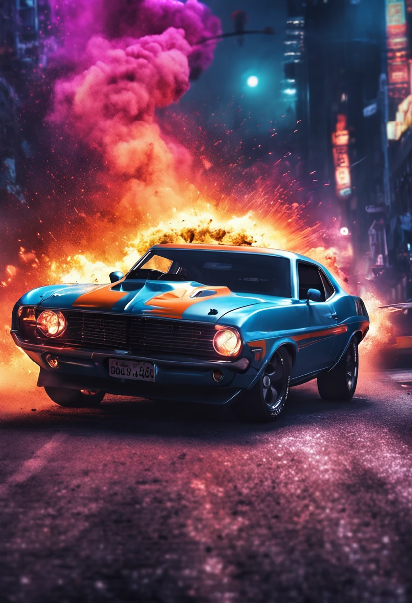 a painting of a boss muscle car, (masterpiece, best quality), particle effects, epic explosion background, vivid, hdr, night time, very detailed, (cell shaded:1.2), ray tracing, it doesn't matter if it's an inch or a quarter mile