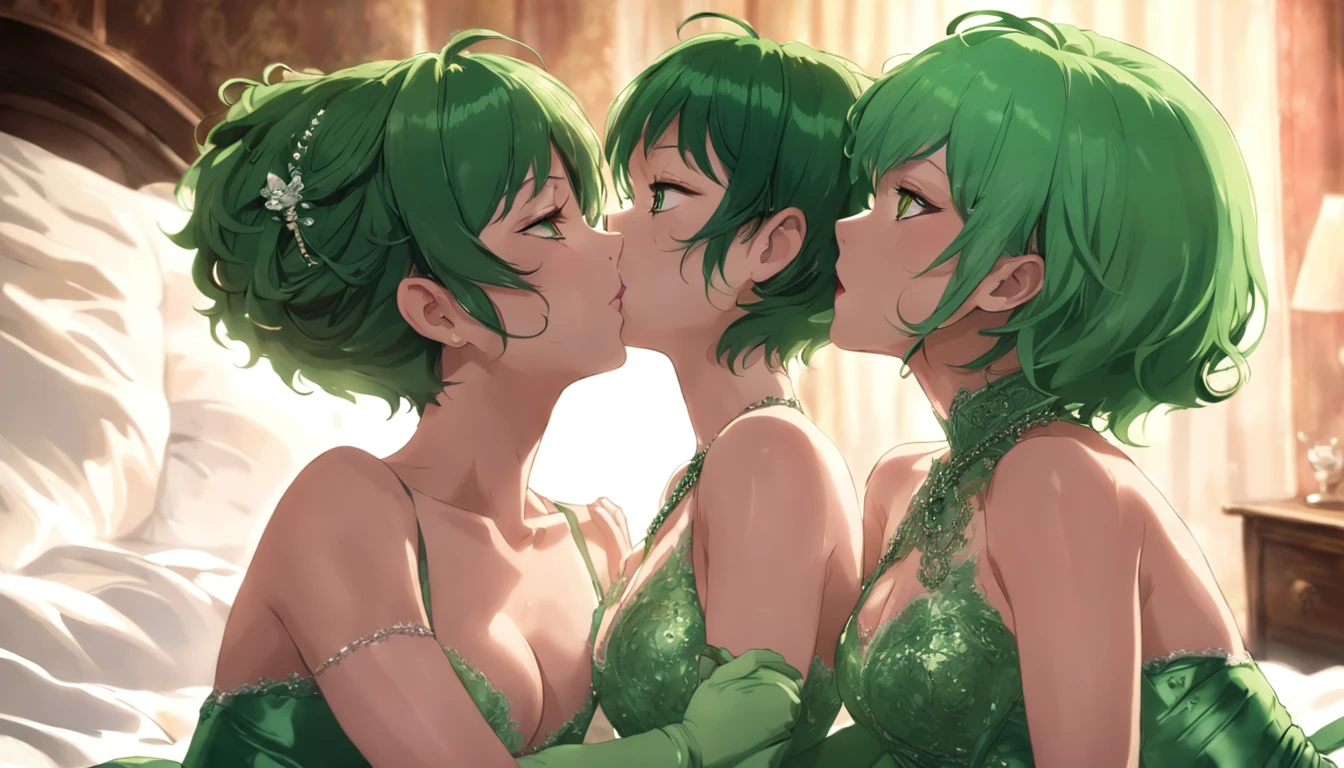 Sexy lesbian couple make, Passionate, sitting on a bed, making love, Kiss neck, Green Satin Long Gloves, Green Wedding Dresses, Green shorthair, lipsticks, the kiss, bride, Green Pearl Necklace, Green Bride, lesbian