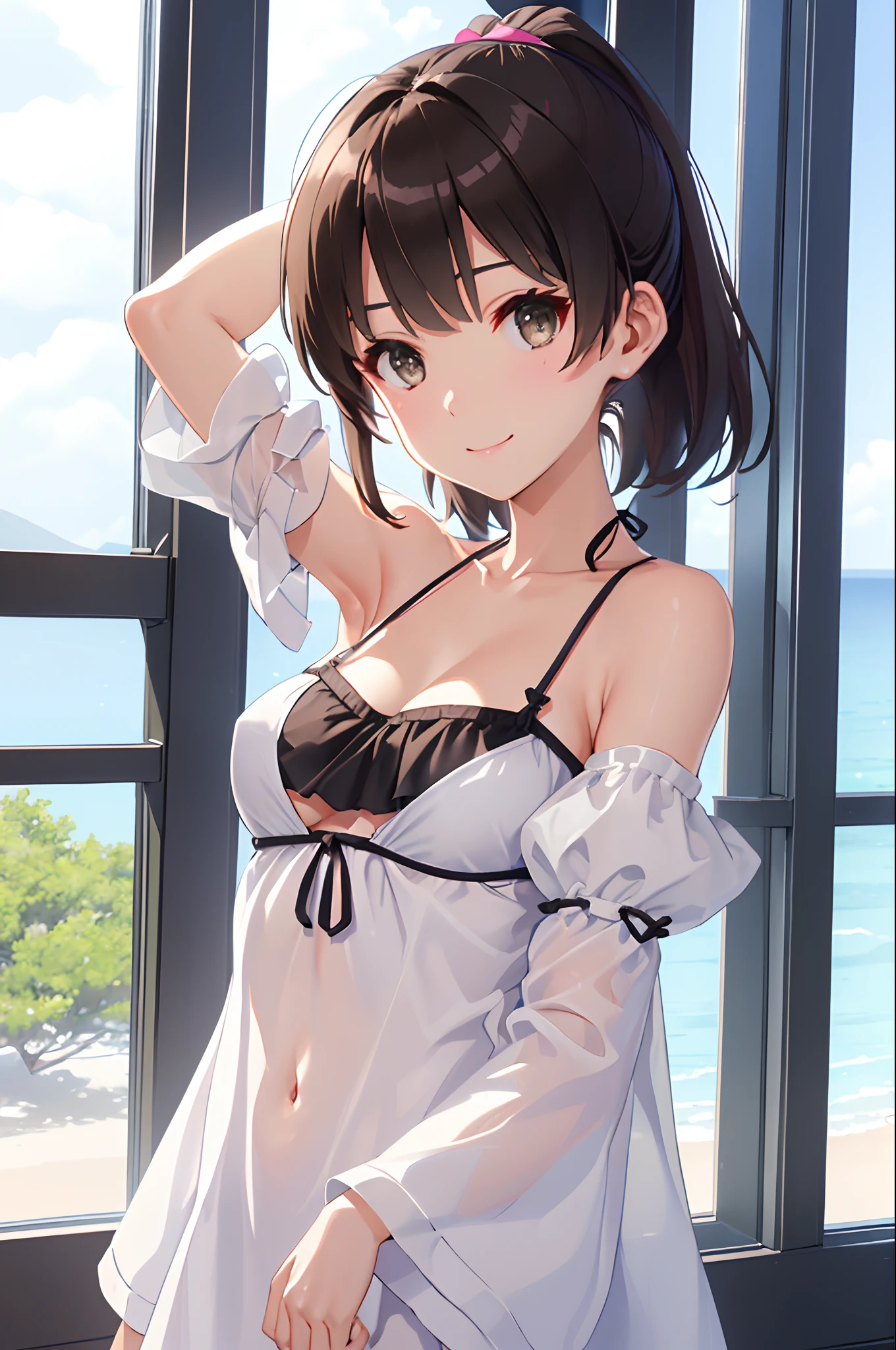 (masterpiece:1.6, best quality), (finely detailed beautiful eyes: 1.2), ph_katou, katouhdshort, 1girl, phground, , solo, brown hair, brown eyes, ponytail, short hair, bangs, smile, collarbone, closed mouth, ribbon, , (masterpiece), (best quality), (shiny hair), (shiny skin), (shiny skin), solo, twin tail hair, large breast, big boobs, boob curtain, under boobs, ((upper body)), (micro bikini), presenting armpit, bare shoulder, collar bone, (mole armpit), arm up, beach, selfie, cowboy shot, straightened, arms behind head, hands behind head, arms raised, hands in pockets, standing, ((detachable sleeves), (randoseru))