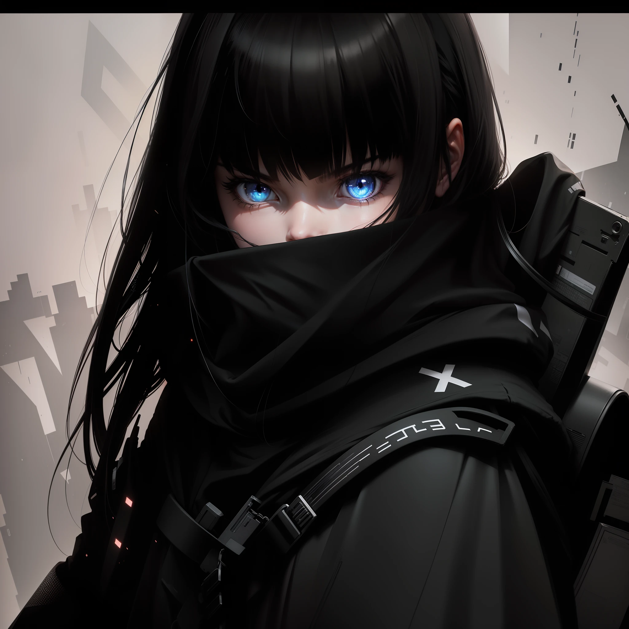 hacking, hacker girl,MLM background, hyper HD，Background code，a sense of mystery, black clothes, intimidating expression