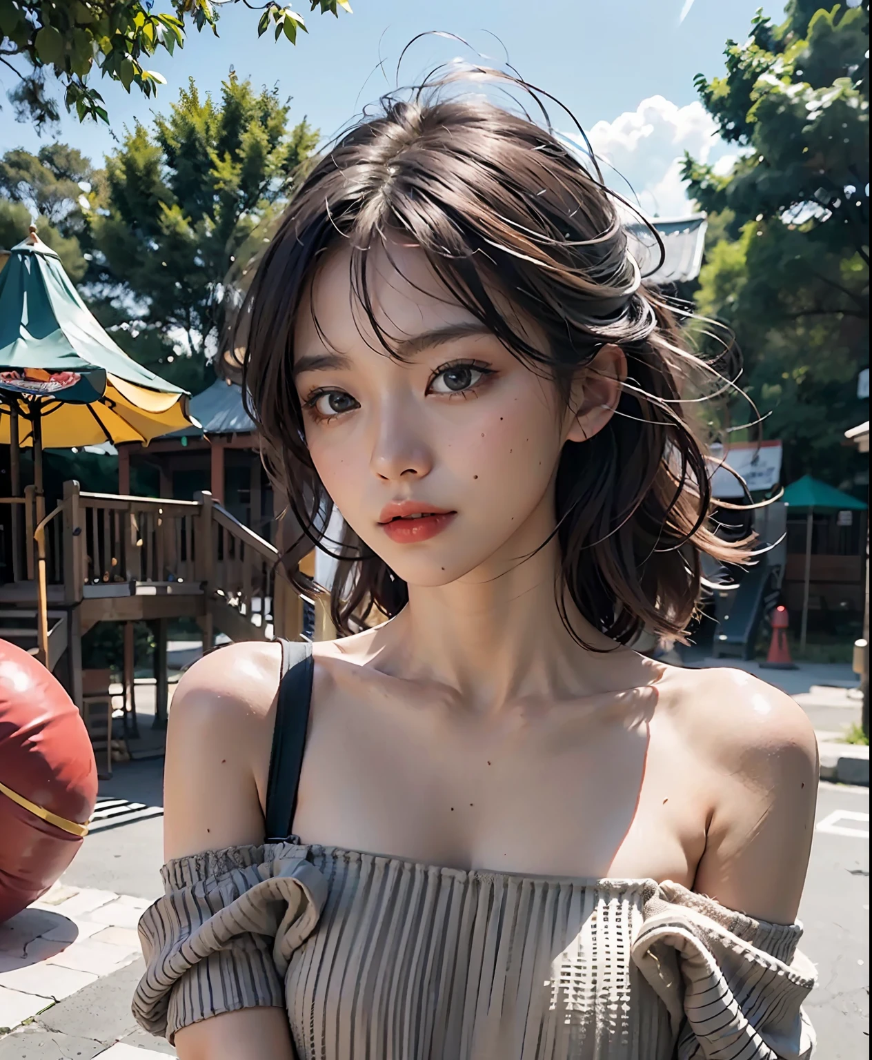 Best Quality, Masterpiece, Ultra High Resolution, (Realisticity: 1.9), Original Photo, 1Girl, Bare Shoulder, Close Up, Asian, Outdoor, Playground, Movie Lighting