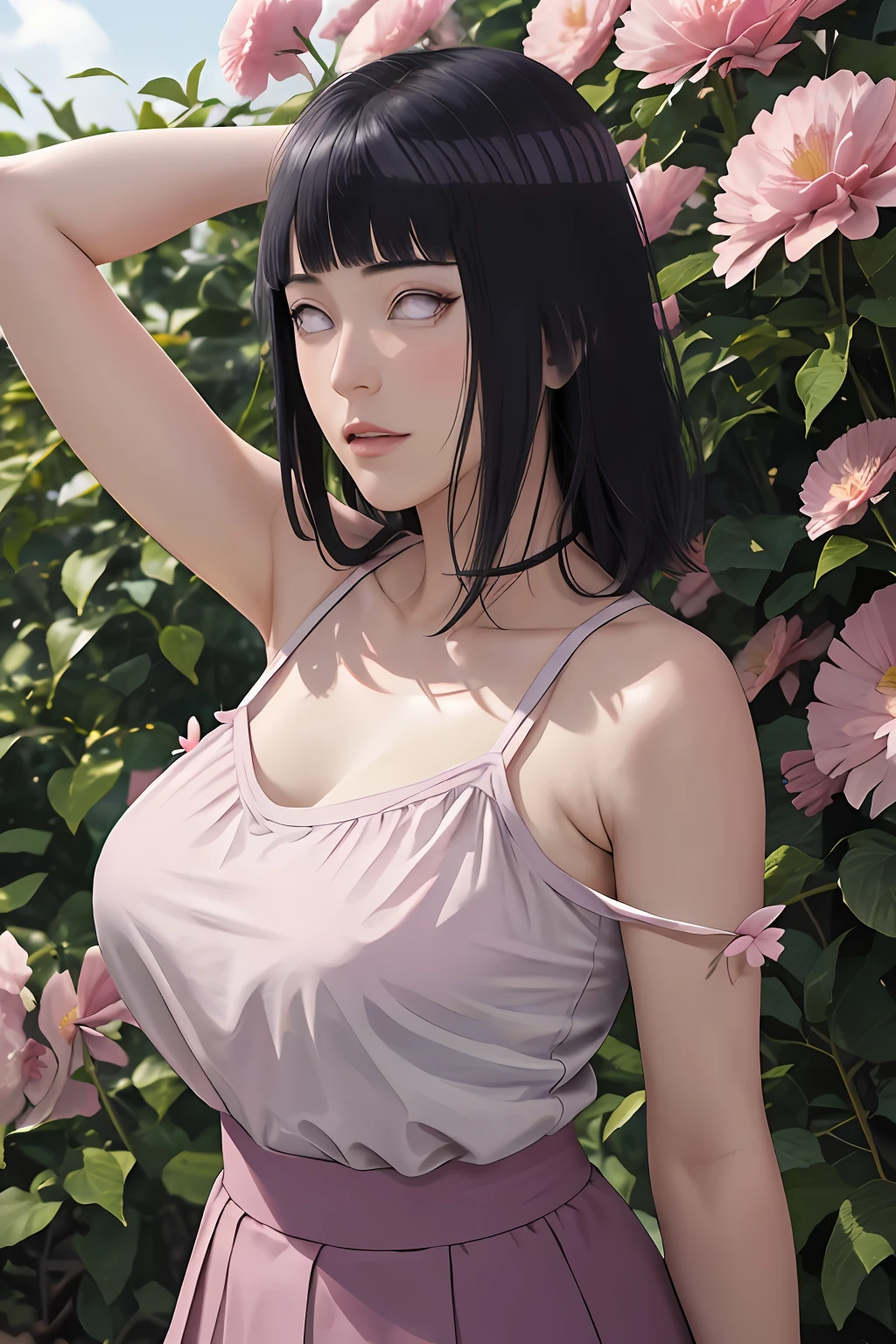 tmasterpiece， hoang lap， hyouka\（Boruto\）， 1girll， solo，a mature female， Purple slip dress，cleavage，Large breasts，Brown pants，exteriors，Lavender flower field， looking at viewert， （Falling petalostly cloudy sky， perfect compositions， Detailed lips，， beauitful face， Body support， Be red in the face， （redish pink lips）， long whitr hair， White eyes， Soft gaze， Sad smile， Super realistic， A detailed， photoshoot， Realistick faces and bodies， photo-realistic hair， photorealistic eye，realistic nose，realistic lips, nipples, cameltoe, (arm behind head:1.5), armpits,  ((bangs hair))