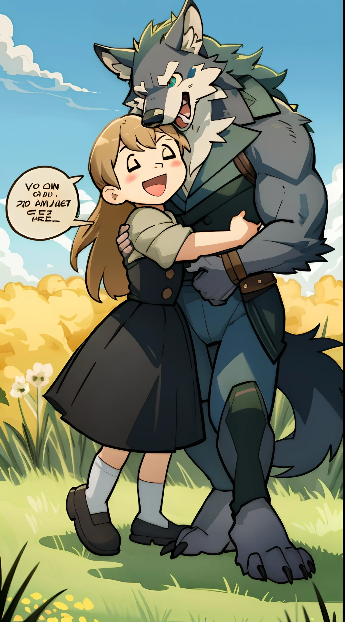 top quality, best quality, highres, masterpiece, super high resolution, detailed background, grass field, under refreshing blue sky, height difference, large werewolf, smile, hugs girl((movie of a werewolf and human  girl))girl hugs werewolf, dress skirt, smile, open mouth, happy, joyful absurdres(highly detailed beautiful face and eyes)perfect anatomy, good lighting, cinematic shadow, assorted expressions, assorted poses, assorted angles, full body, upper shot, dynamic angle(girls comic-like panel layouts, speech balloon, English text, Hand-drawn sound effects stickers used in girls comic),