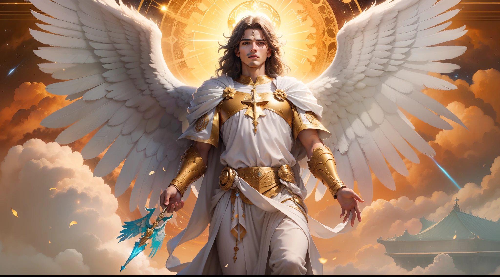 um personagem masculino bonito meia idade, o arcanjo Miguel, imagem celestial, detalhes intricados, realista, asas ROSAS e grandes, fundo angelical, Catholic illustrative image of the archangel Michael, Male character of the Bible, Michael is wearing his angelic armor, cosmic background, Illumination in the Archangel and in the background, imagem do corpo todo do anjo, Maximum detail and his angelic face and wings, pele perfeita realista, Maximum image quality, Miguel ele esta destacado na imagem com cores fortes e chamativas, asas grandes