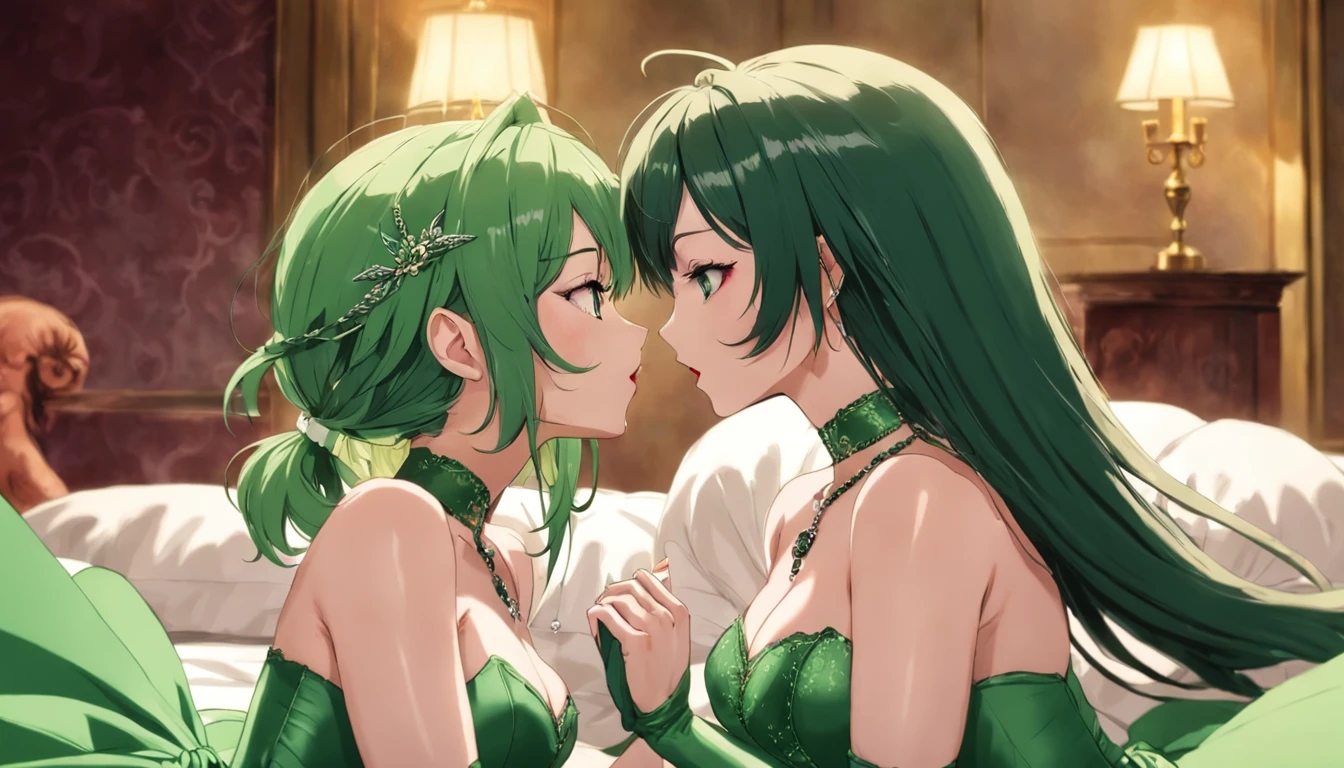 masterpiece, lots of detail, 4k, 8k, ((ultra-detailed)), highres, soft lighting, 2girls, goth, choker, sofa, kissing, tongue, saliva, blush, sex, {multicolored hair|green hair|red hair|white hair}, {petite|curvy}