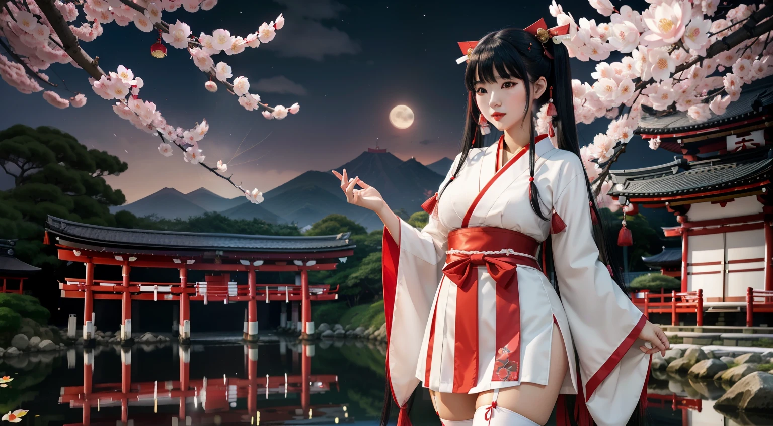asian young woman, (red-white cute shrine maiden outfit), long black hair, Twintails and bangs, traditional japanese hair ornaments, busty, shinto shrine under night sky with full moon, walking, white thigh high stockings, athletic, deep red lips, pond with lotus flowers, sakura blossoms