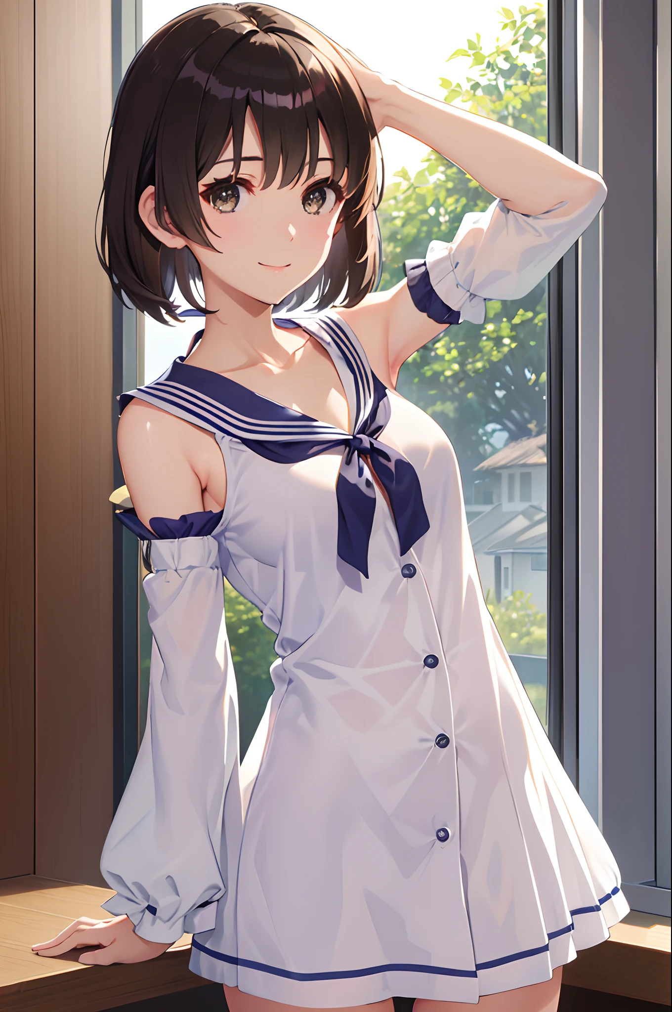 (masterpiece:1.6, best quality), (finely detailed beautiful eyes: 1.2), ph_katou, katouhdshort, 1girl, phground, , solo, brown hair, brown eyes, short hair, bangs, smile, collarbone, sailor collar, indoors, closed mouth, ribbon, (masterpiece), (best quality), (shiny hair), (shiny skin), (shiny skin), solo, twin tail hair, large breast, big boobs, boob curtain, under boobs, ((upper body)), (micro bikini), presenting armpit, bare shoulder, collar bone, (mole armpit), arm up, beach, selfie, cowboy shot, straightened, arms behind head, hands behind head, arms raised, hands in pockets, standing, ((detachable sleeves), (randoseru))