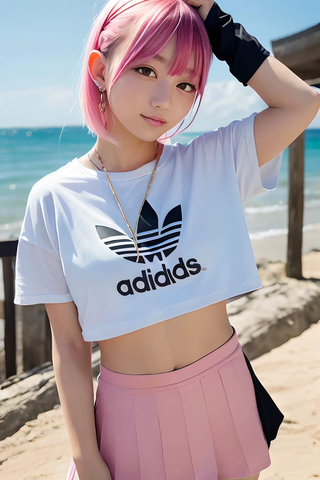 Adidas、Piercing Woman、piercings、A smile、colourful hair,white t-shirts、shortpants、Blunt bangs、(a black skirt)、1girl in,Solo,Flashy hair、Photorealsitic, hight resolution, 1 rapariga, Golden and pink and light blue hair、Colorful Hair Color, Korea person, Beach、pier、Cowboy Shot、
