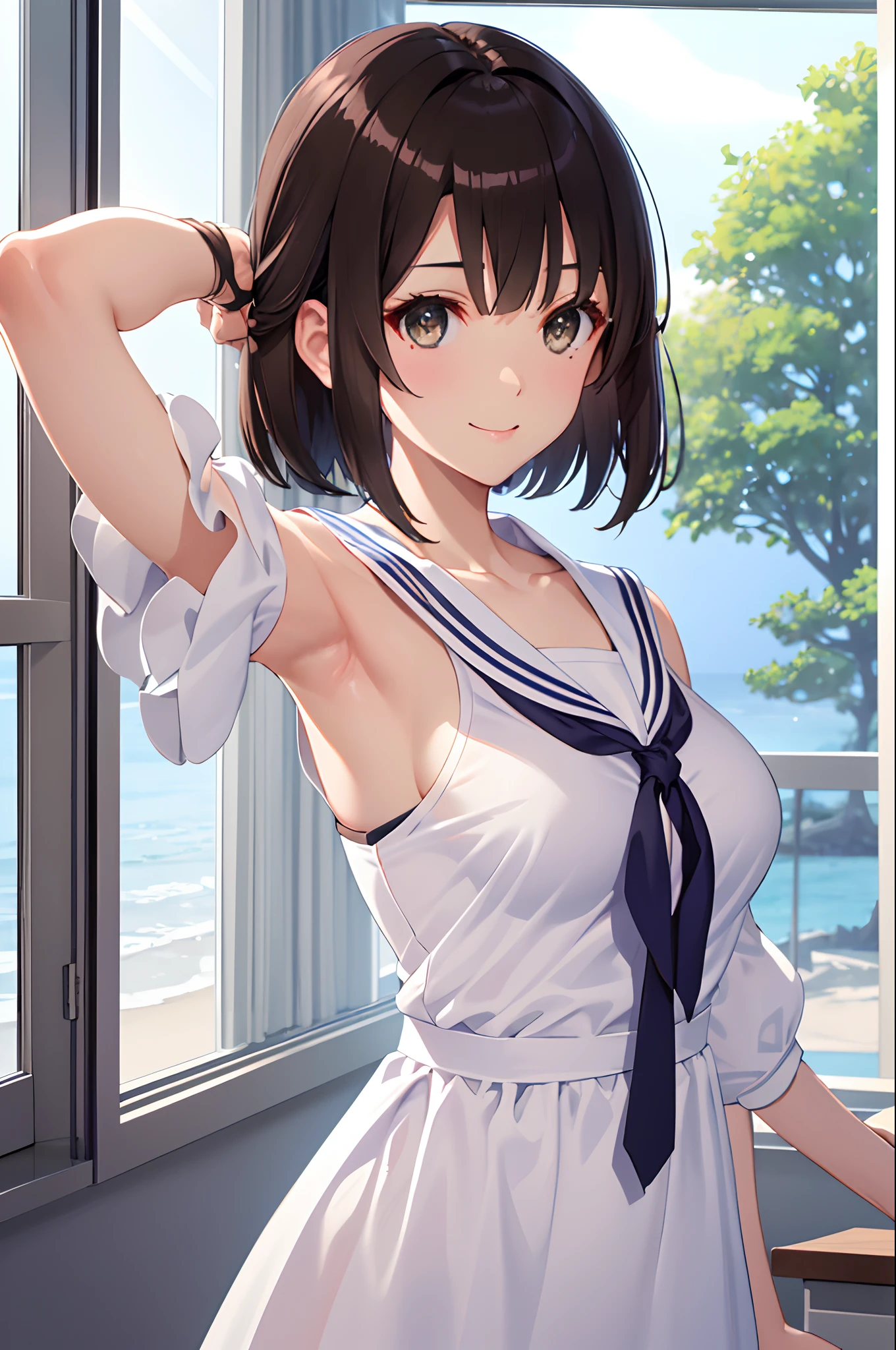 (masterpiece:1.6, best quality), (finely detailed beautiful eyes: 1.2), ph_katou, katouhdshort, 1girl, phground, , solo, brown hair, brown eyes, short hair, bangs, smile, collarbone, sailor collar, indoors, closed mouth, ribbon, (masterpiece), (best quality), (shiny hair), (shiny skin), (shiny skin), solo, twin tail hair, large breast, big boobs, boob curtain, under boobs, ((upper body)), (micro bikini), presenting armpit, bare shoulder, collar bone, (mole armpit), arm up, beach, selfie, cowboy shot, straightened, arms behind head, hands behind head, arms raised, hands in pockets, standing, ((detachable sleeves), (randoseru))