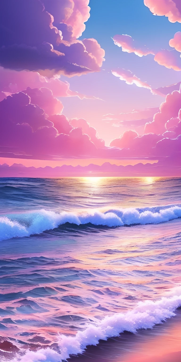 Pink moon, pink sky, pastel pink clouds, pink waves sparkling, sparkling, pink roses on pink ocean, fantasy, soft lighting, ultra hd, realism, cinematic effects, lens flare, aperture 16