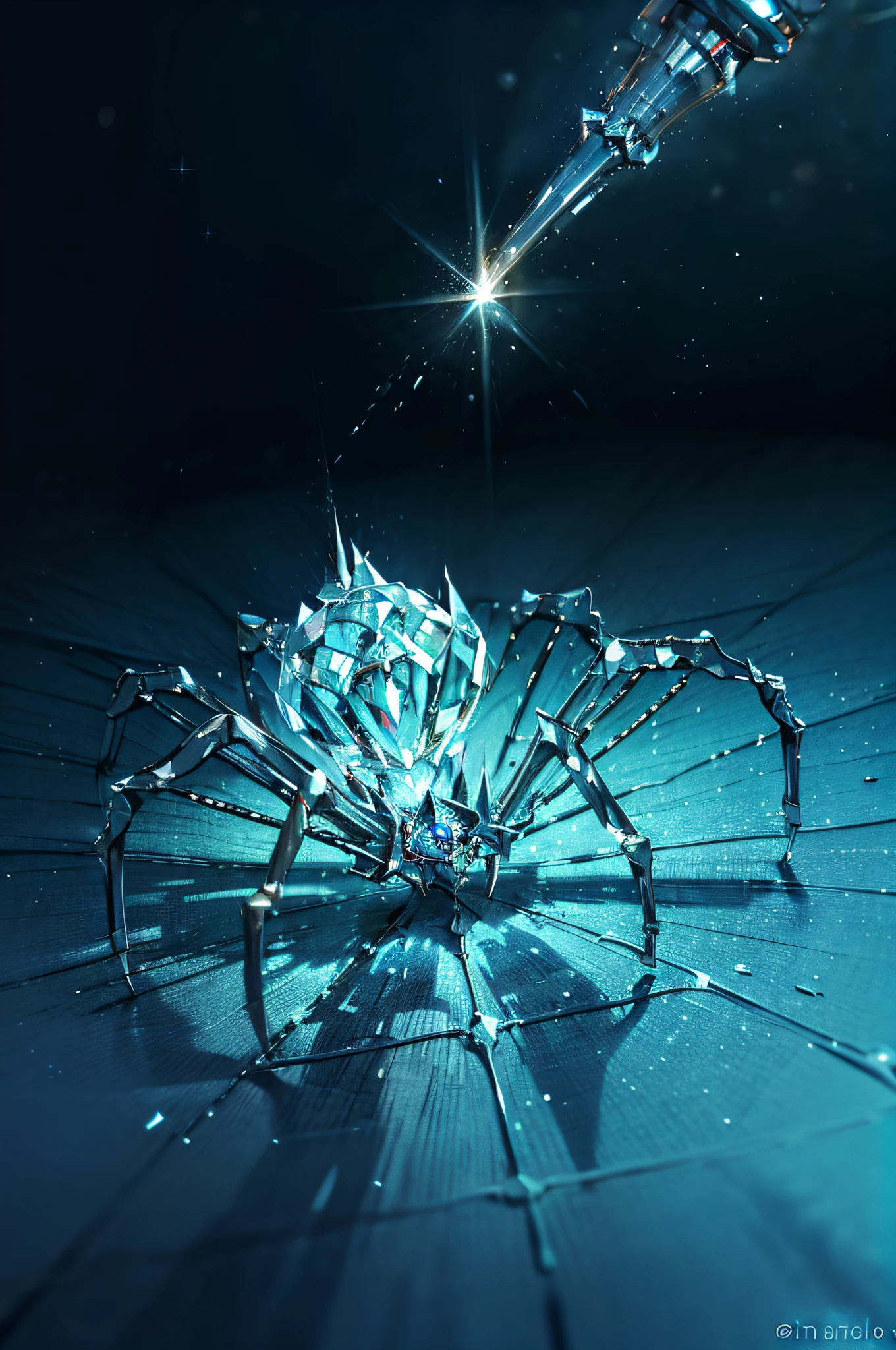 Imagine uma aranha monstruosa feita inteiramente de diamantes brilhantes, com um cristalino, Translucent body that captures and reflects light in a dazzling way. Seu longo, Sharp legs are precisely cut and polished to shine like beams of prismatic light. Seus olhos, incrustados com diamantes raros e reluzentes, irradiam um brilho intenso e hipnotizante. Como a aranha se move, Each step leaves a bright trail of diamond sparks, Creating a majestic and dazzling presence