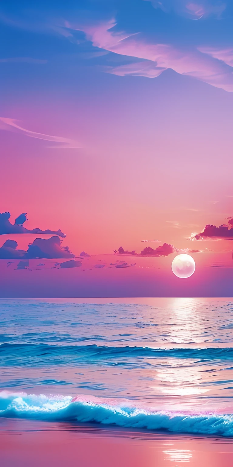 pink moon, pink sky, soft pink clouds, pink sea waves sparkling, shimmering, pink roses in pink sea, fantasy, diamonds, crown, space, soft light,